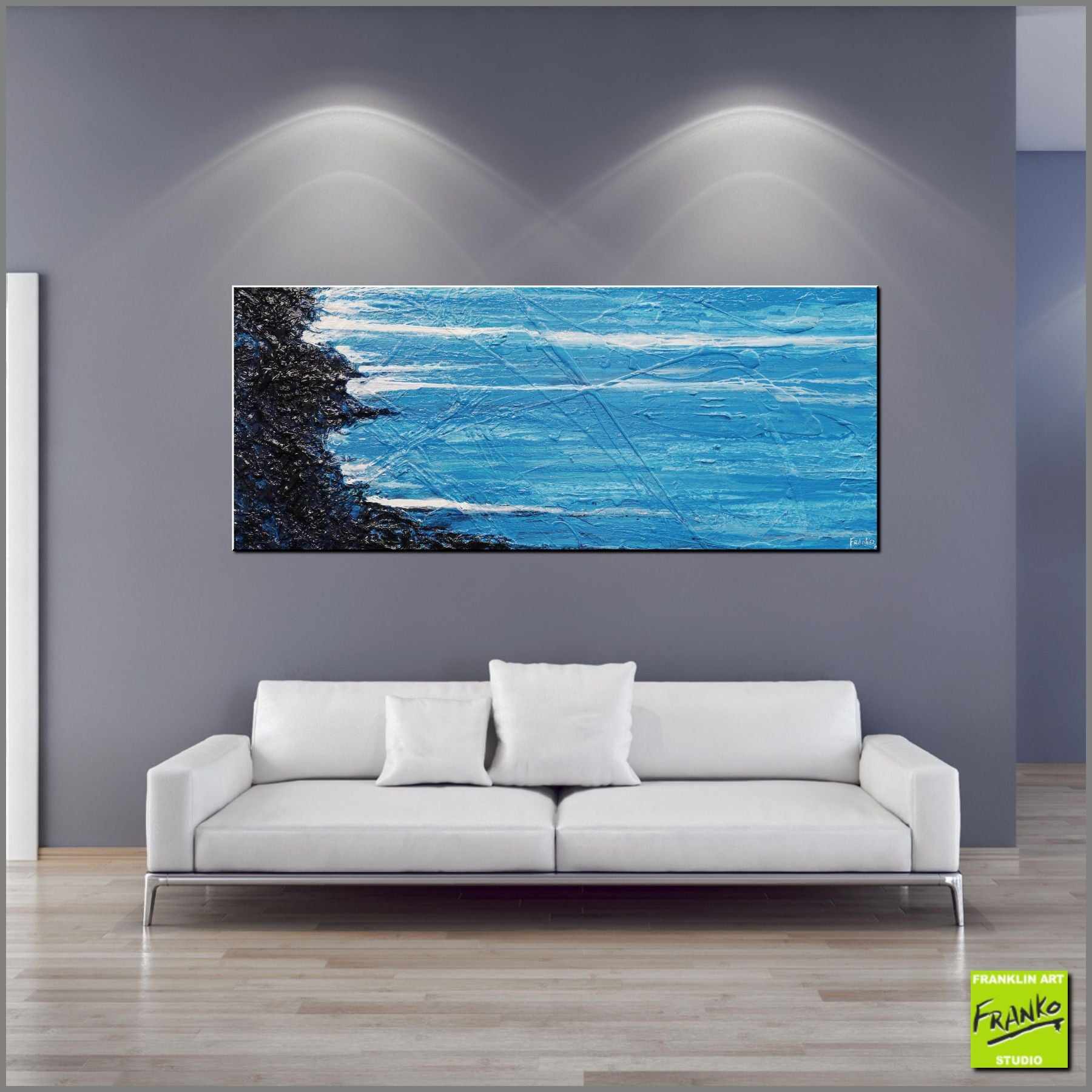 Teal Survivor 200cm x 80cm Blue Black Textured Abstract Painting (SOLD)-Abstract-Franko-[huge]-[Australian]-[best Selling]-Franklin Art Studio
