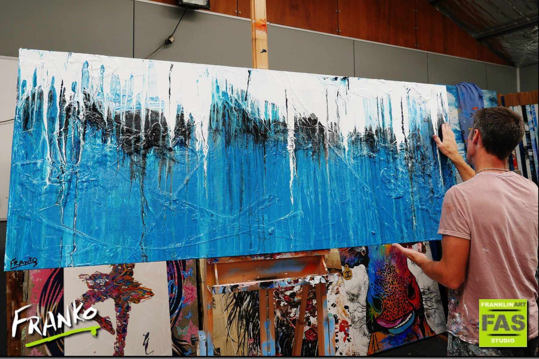 Teal and Ocean 200cm x 80cm Blue Black White Abstract Painting (SOLD)-Abstract-Franko-[franko_artist]-[Art]-[interior_design]-Franklin Art Studio