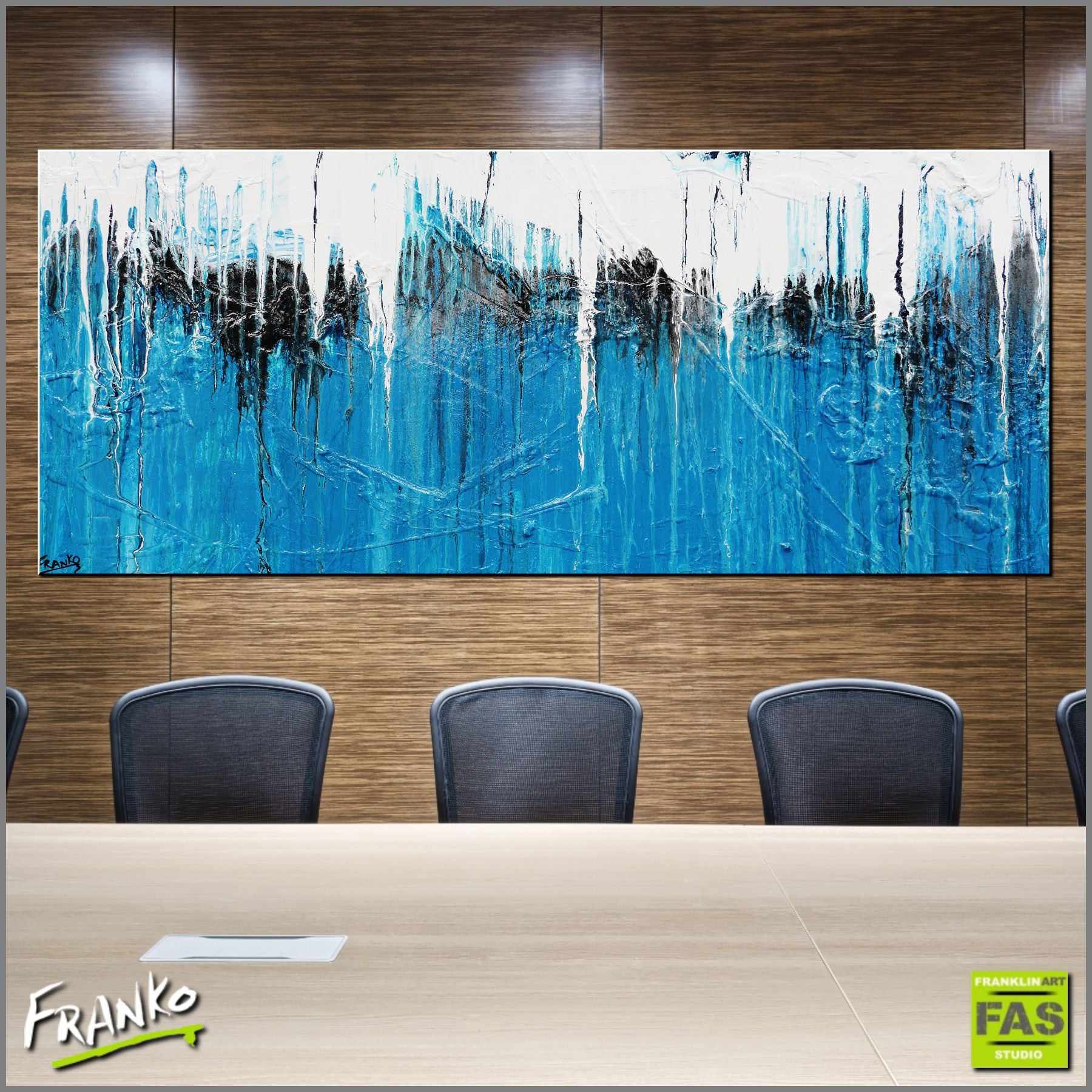 Teal and Ocean 200cm x 80cm Blue Black White Abstract Painting (SOLD)-Abstract-Franko-[Franko]-[huge_art]-[Australia]-Franklin Art Studio