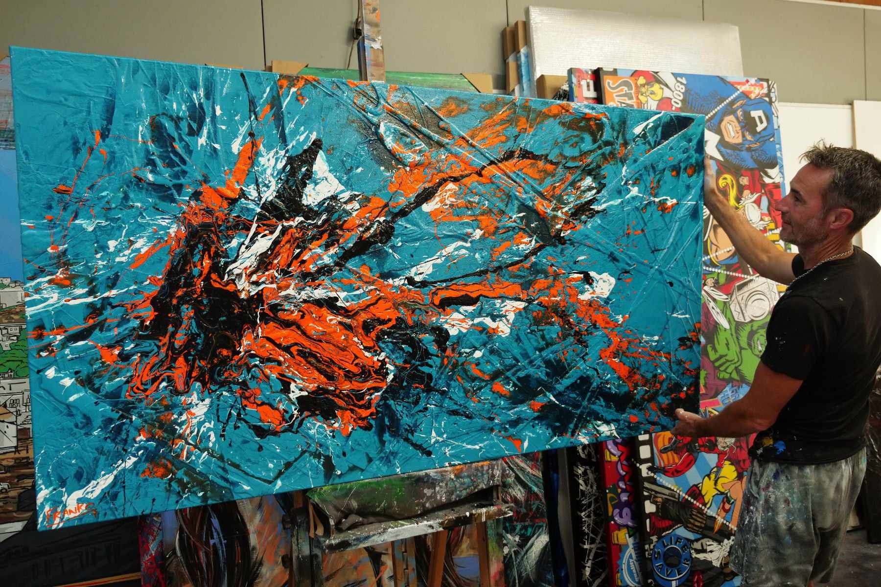 Teal and Tango 190cm x 100cm Teal Orange Textured Abstract Painting (SOLD)-Abstract-Franko-[franko_art]-[beautiful_Art]-[The_Block]-Franklin Art Studio
