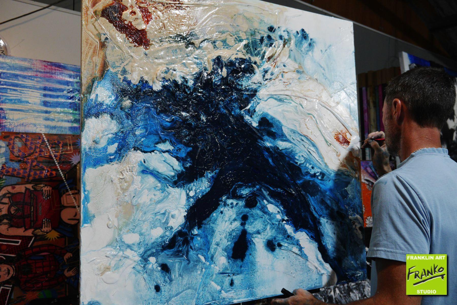 The Cay 100cm x 100cm White Blue Textured Abstract Painting (SOLD)-Abstract-[Franko Artist]-[Gold Coast]-[Brisbane]-[Huge]-Franklin Art Studio