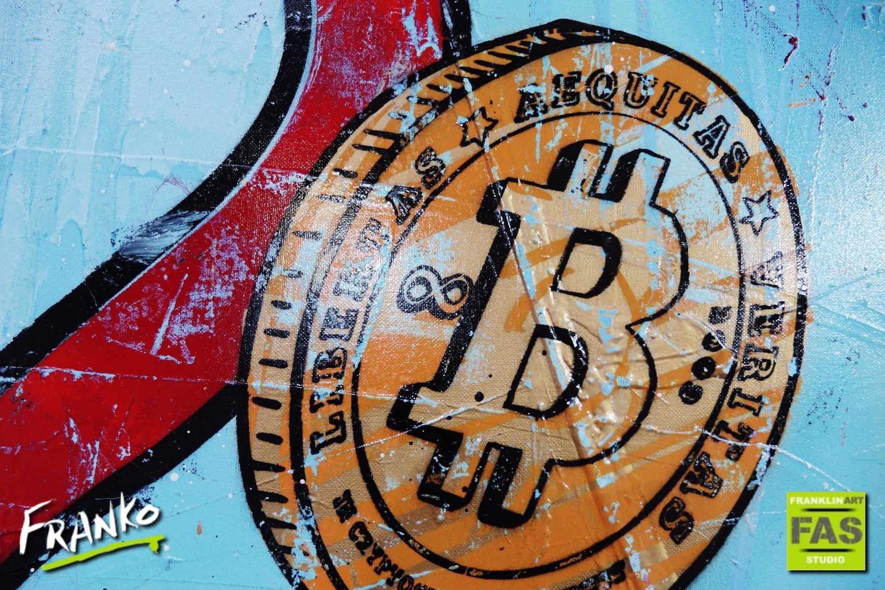 The Chance 140cm x 100cm Monopoly Man Bitcoin (SOLD)-bitcoin themed-[Franko]-[Artist]-[Australia]-[Painting]-Franklin Art Studio