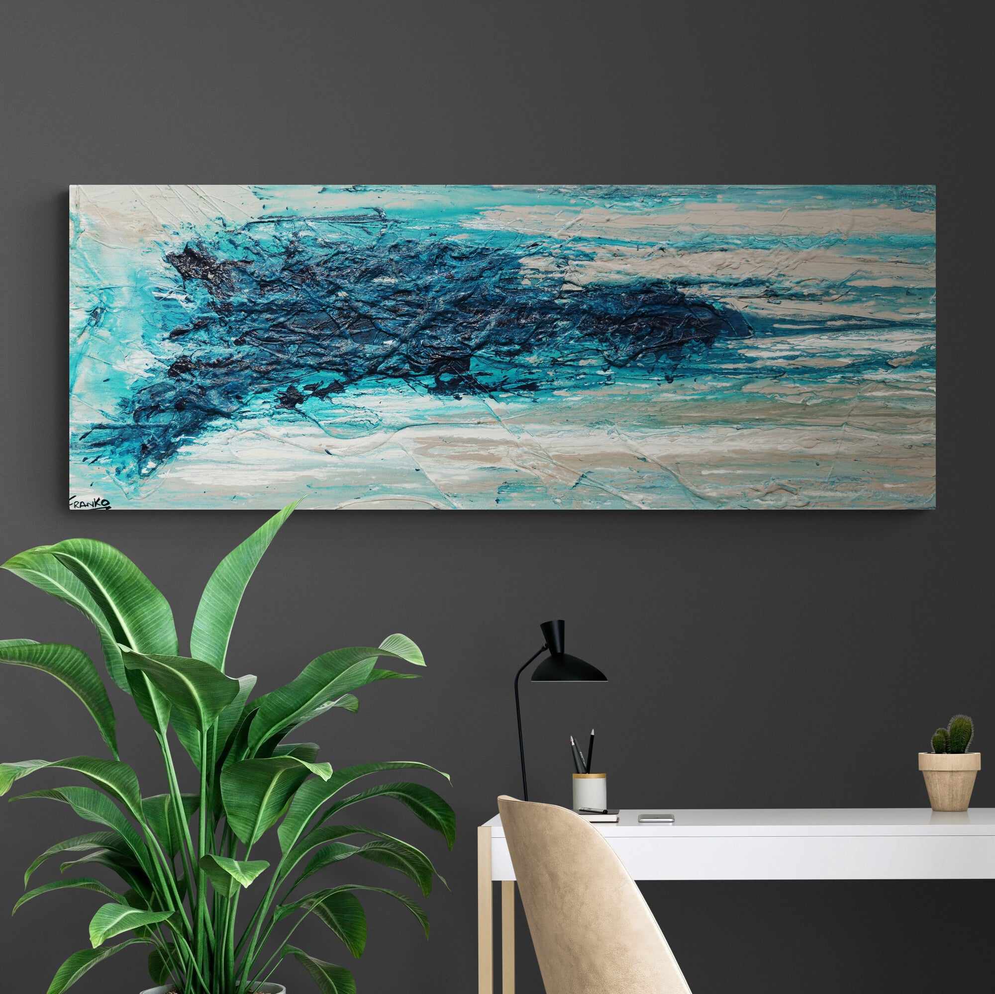 The Malted Southern 160cm x 60cm Cream Blue Textured Abstract Painting-Abstract-Franko-[Franko]-[huge_art]-[Australia]-Franklin Art Studio