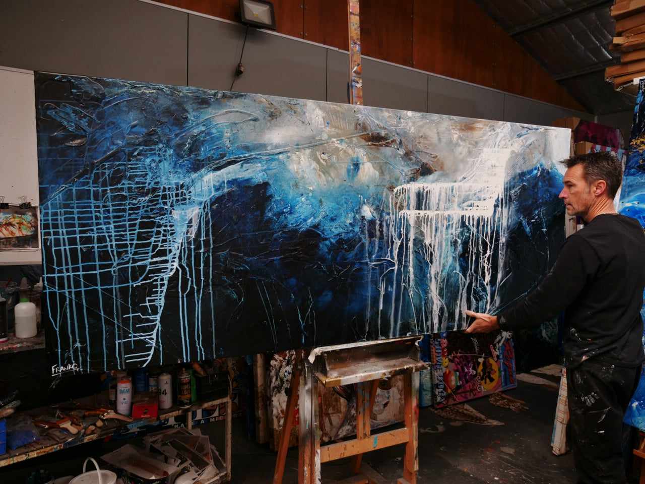 The Midnight View 240cm x 100cm Blue Black Textured Abstract Painting (SOLD)-Abstract-Franko-[franko_art]-[beautiful_Art]-[The_Block]-Franklin Art Studio