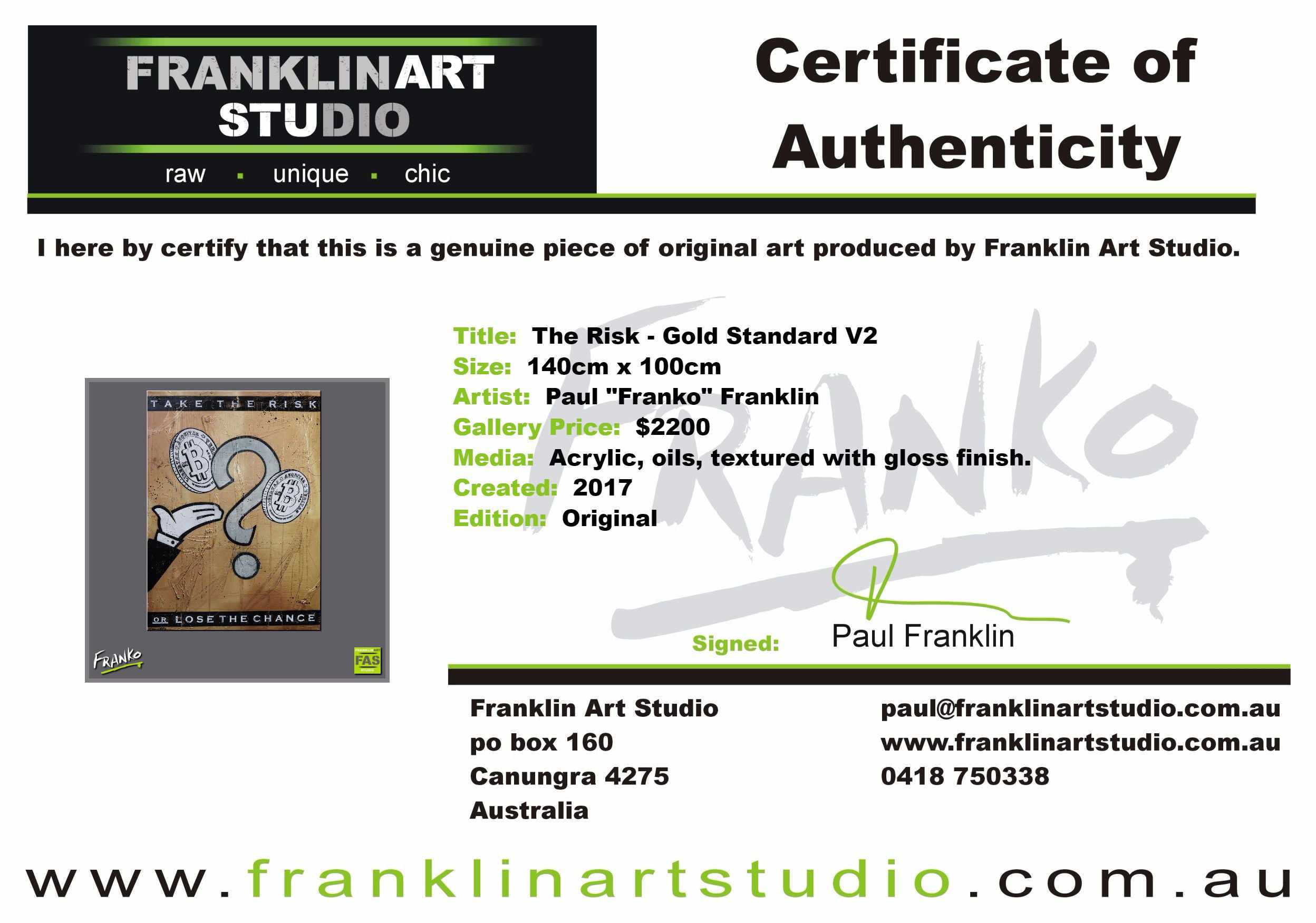 The Risk - Gold Standard 140cm x 100cm Monopoly Man Bitcoin (SOLD)-bitcoin themed-Franko-[franko_art]-[beautiful_Art]-[The_Block]-Franklin Art Studio
