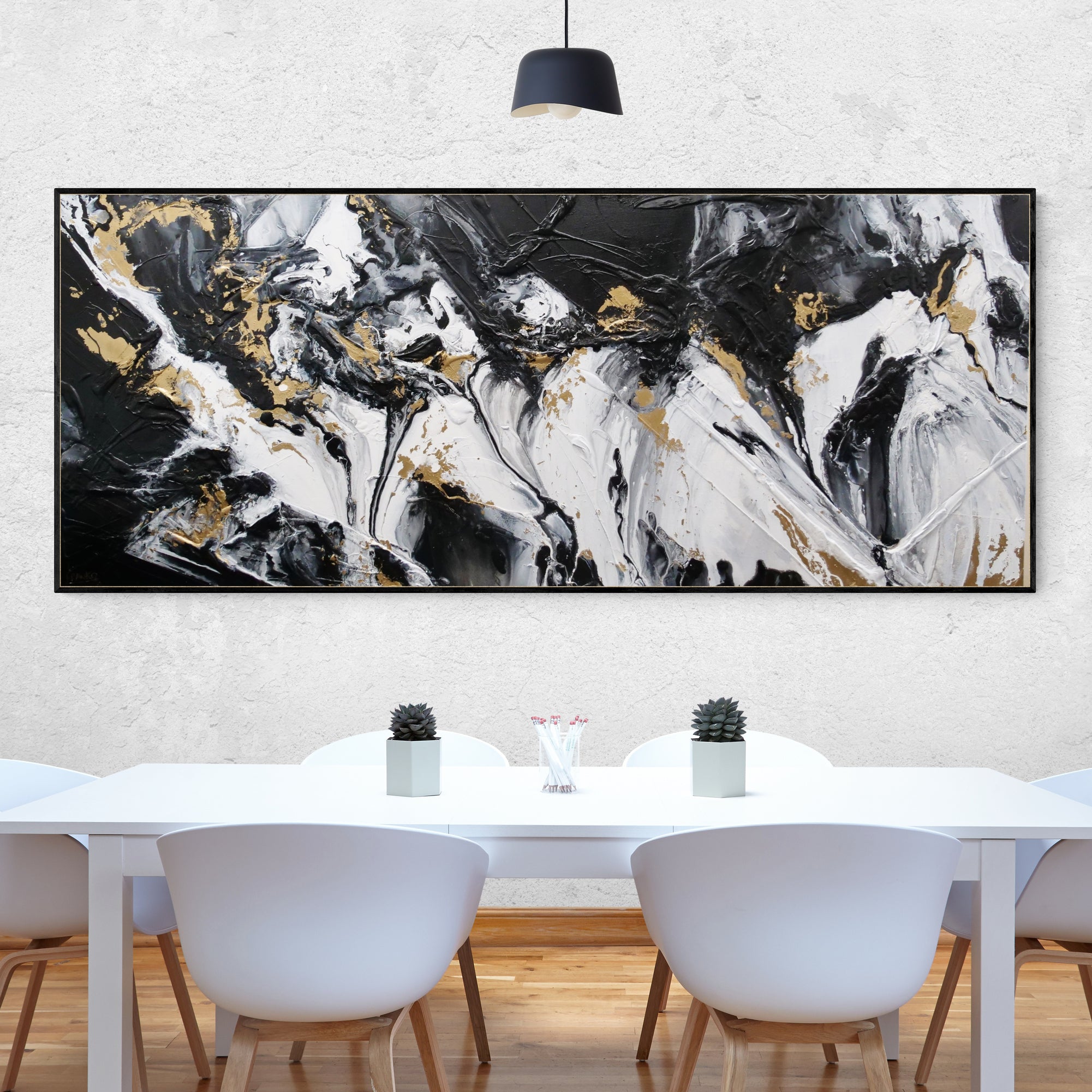 Gold Riches 240cm x 100cm Black Metallic Gold White Textured Abstract Painting