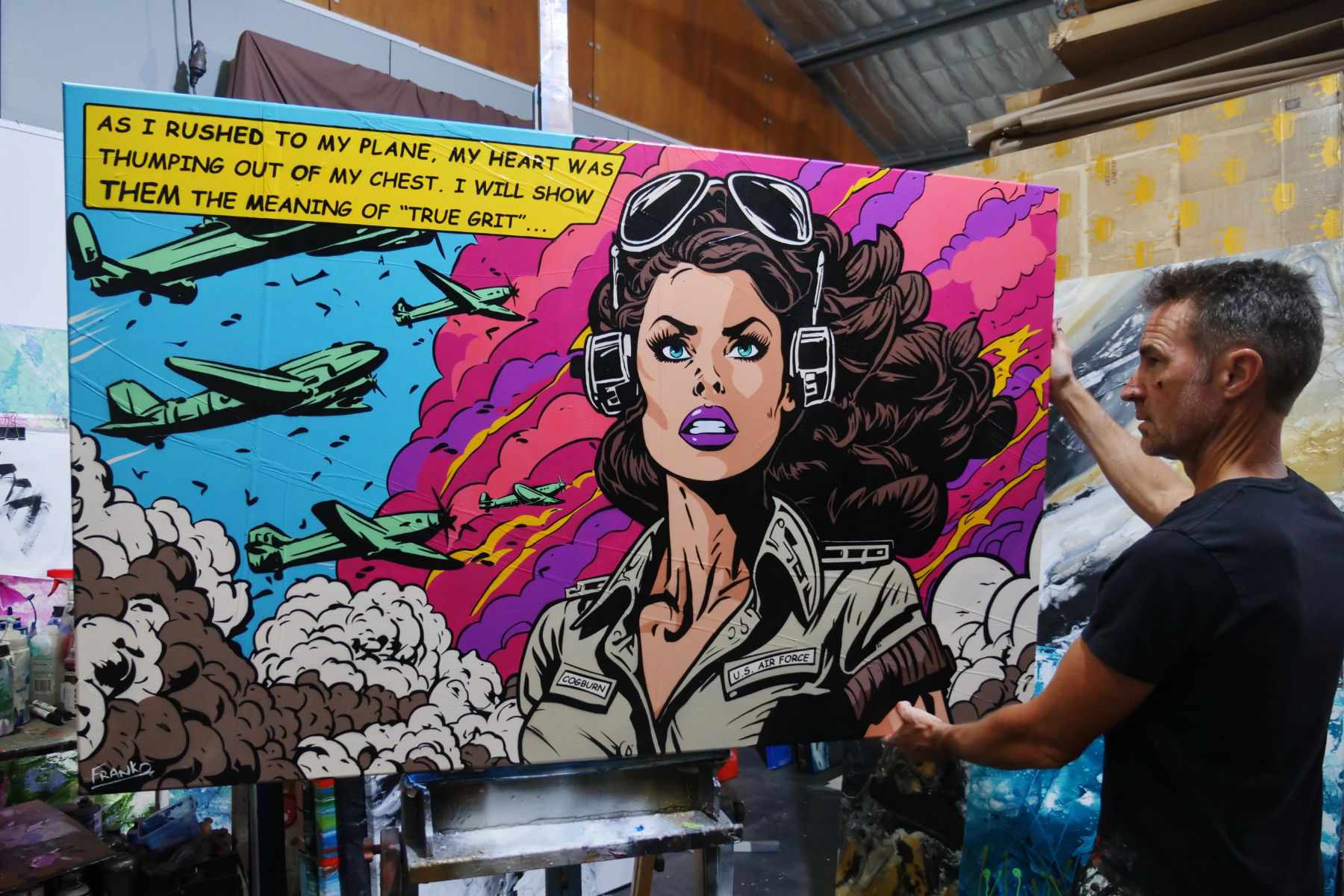 To The Plane 160cm x 100cm Comic Woman Textured Urban Pop Art Painting (SOLD)-Urban Pop Art-Franko-[franko_artist]-[Art]-[interior_design]-Franklin Art Studio