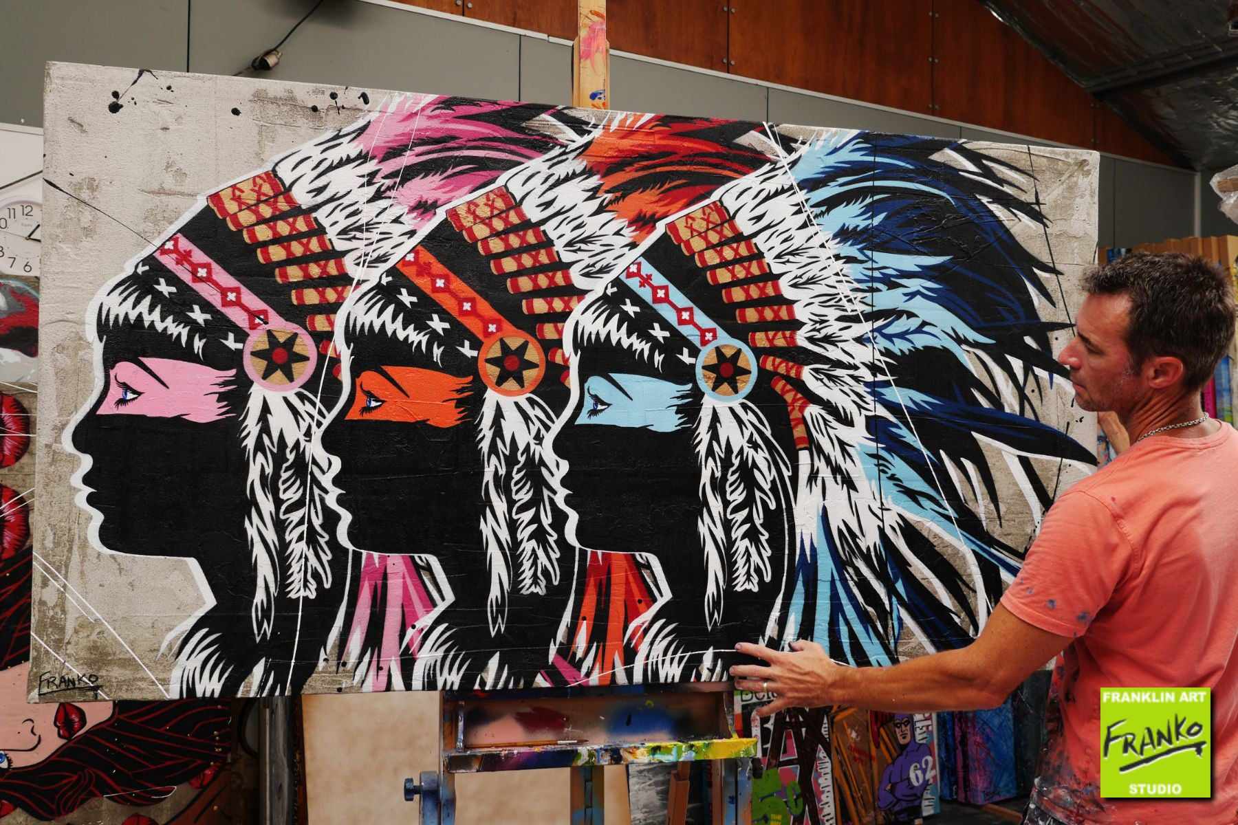 Triplex 190cm x 100cm Indian Headdress Textured Urban Pop Art Painting (SOLD)-concrete-[Franko Artist]-[Gold Coast]-[Brisbane]-[Huge]-Franklin Art Studio
