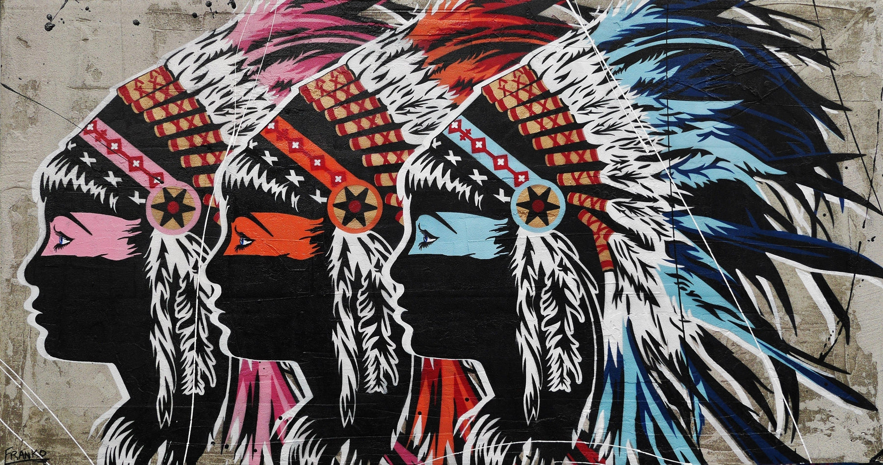 Triplex 190cm x 100cm Indian Headdress Textured Urban Pop Art Painting (SOLD)-concrete-Franko-[Franko]-[Australia_Art]-[Art_Lovers_Australia]-Franklin Art Studio