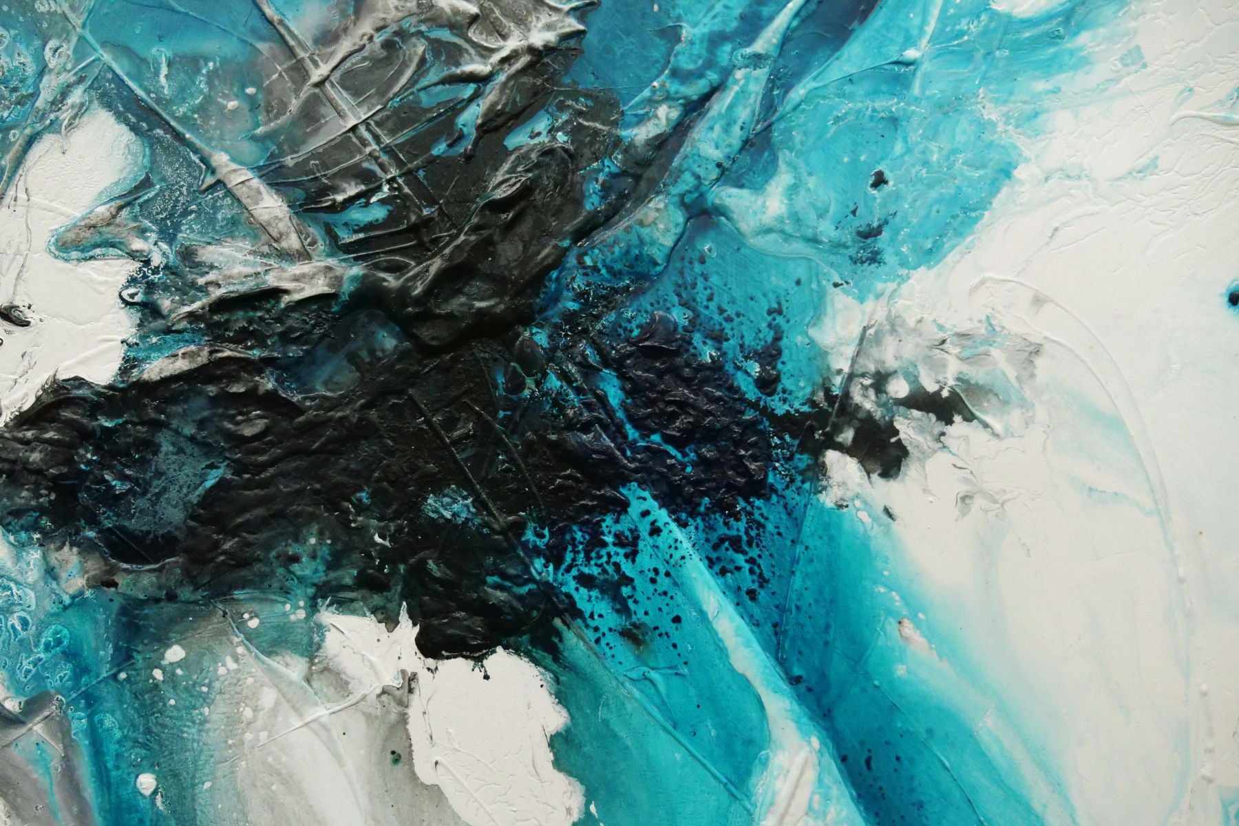 Turquoise Oceans 240cm x 100cm Teal Black White Textured Abstract Painting (SOLD)