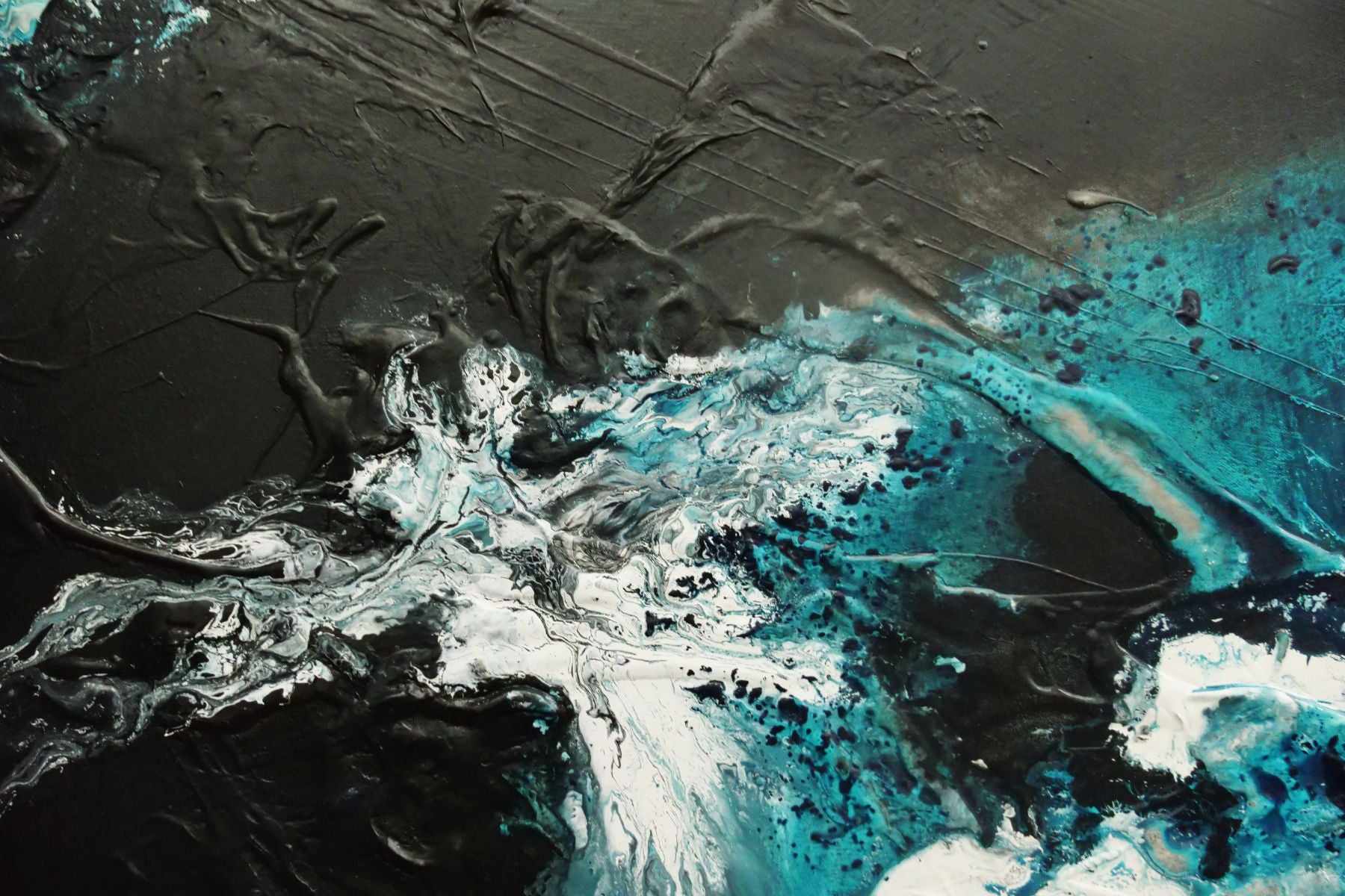 Turquoise Oceans 240cm x 100cm Teal Black White Textured Abstract Painting (SOLD)