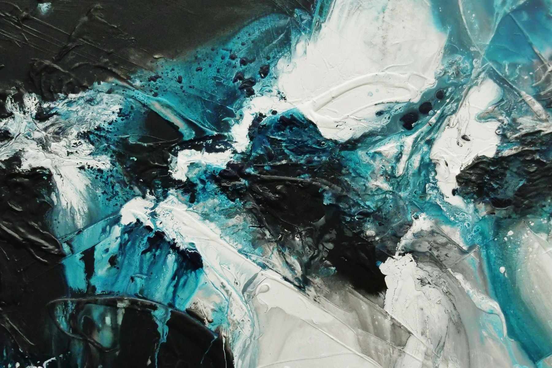 Turquoise Oceans 240cm x 100cm Teal Black White Textured Abstract Painting (SOLD)
