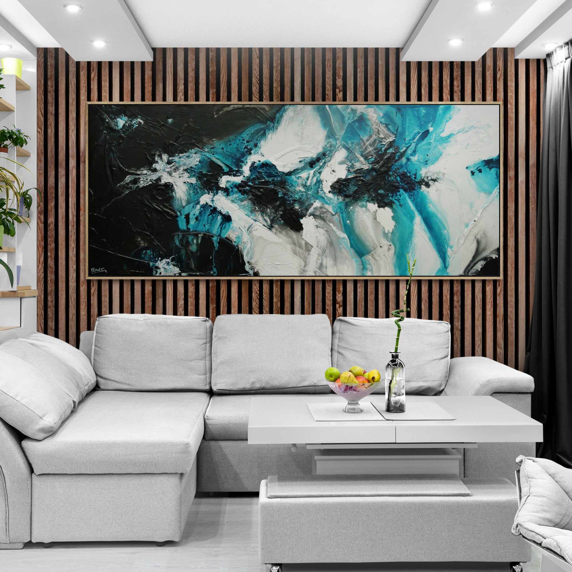 Turquoise Oceans 240cm x 100cm Teal Black White Textured Abstract Painting (SOLD)-Abstract-Franko-[huge]-[Australian]-[best Selling]-Franklin Art Studio
