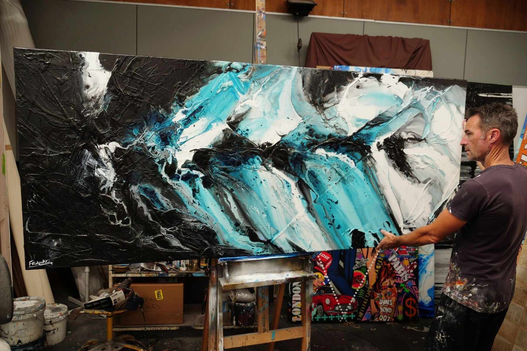 Turquoise Rapture 240cm x 100cm Black Turquoise White Textured Abstract Painting (SOLD)-Abstract-[Franko Artist]-[Gold Coast]-[Brisbane]-[Huge]-Franklin Art Studio