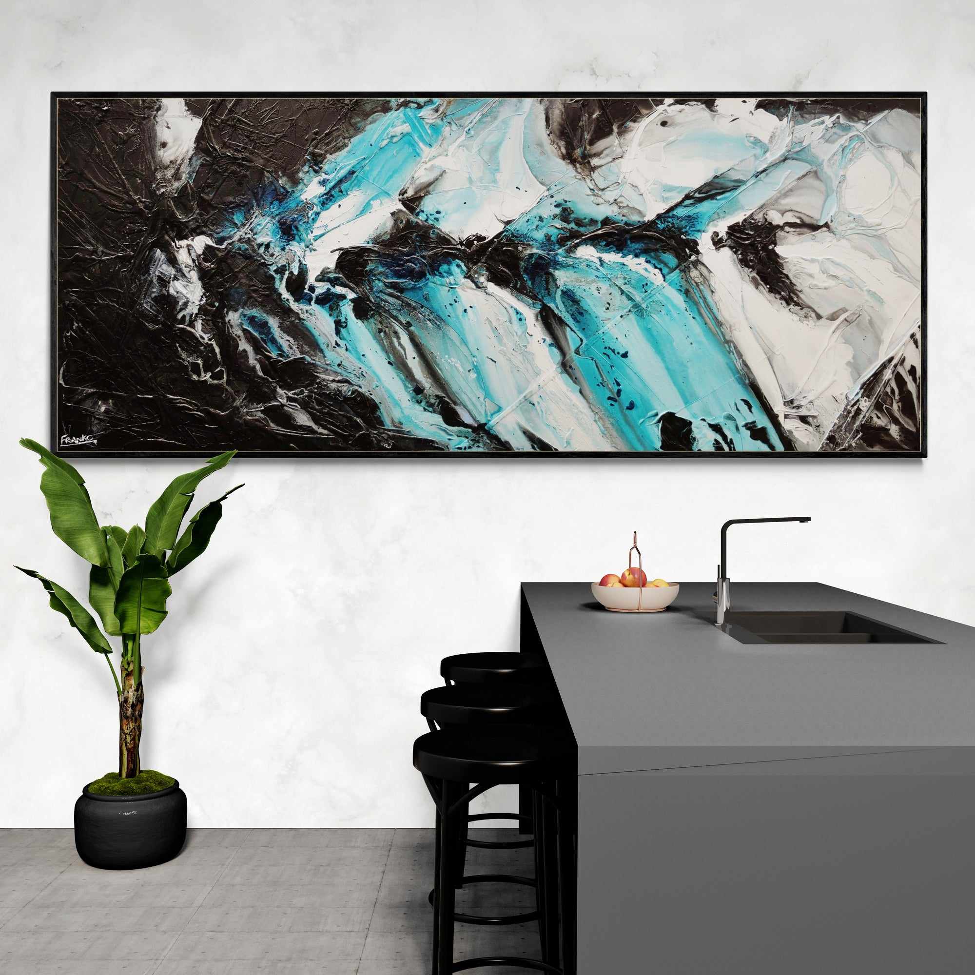 Turquoise Rapture 240cm x 100cm Black Turquoise White Textured Abstract Painting (SOLD)-Abstract-Franko-[huge]-[Australian]-[best Selling]-Franklin Art Studio