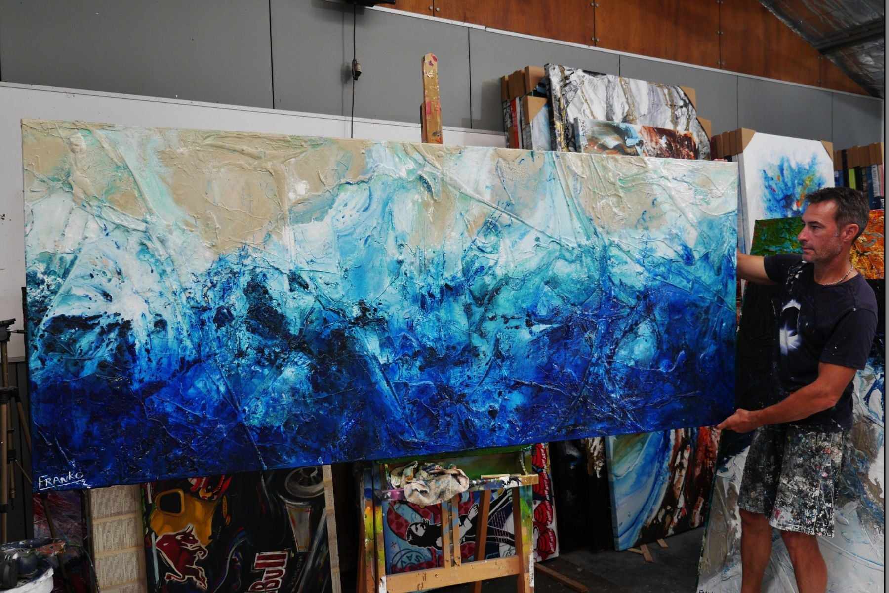 Turquoise Reef 240cm x 100cm Blue Cream Textured Abstract Painting (SOLD)-Abstract-Franko-[franko_artist]-[Art]-[interior_design]-Franklin Art Studio