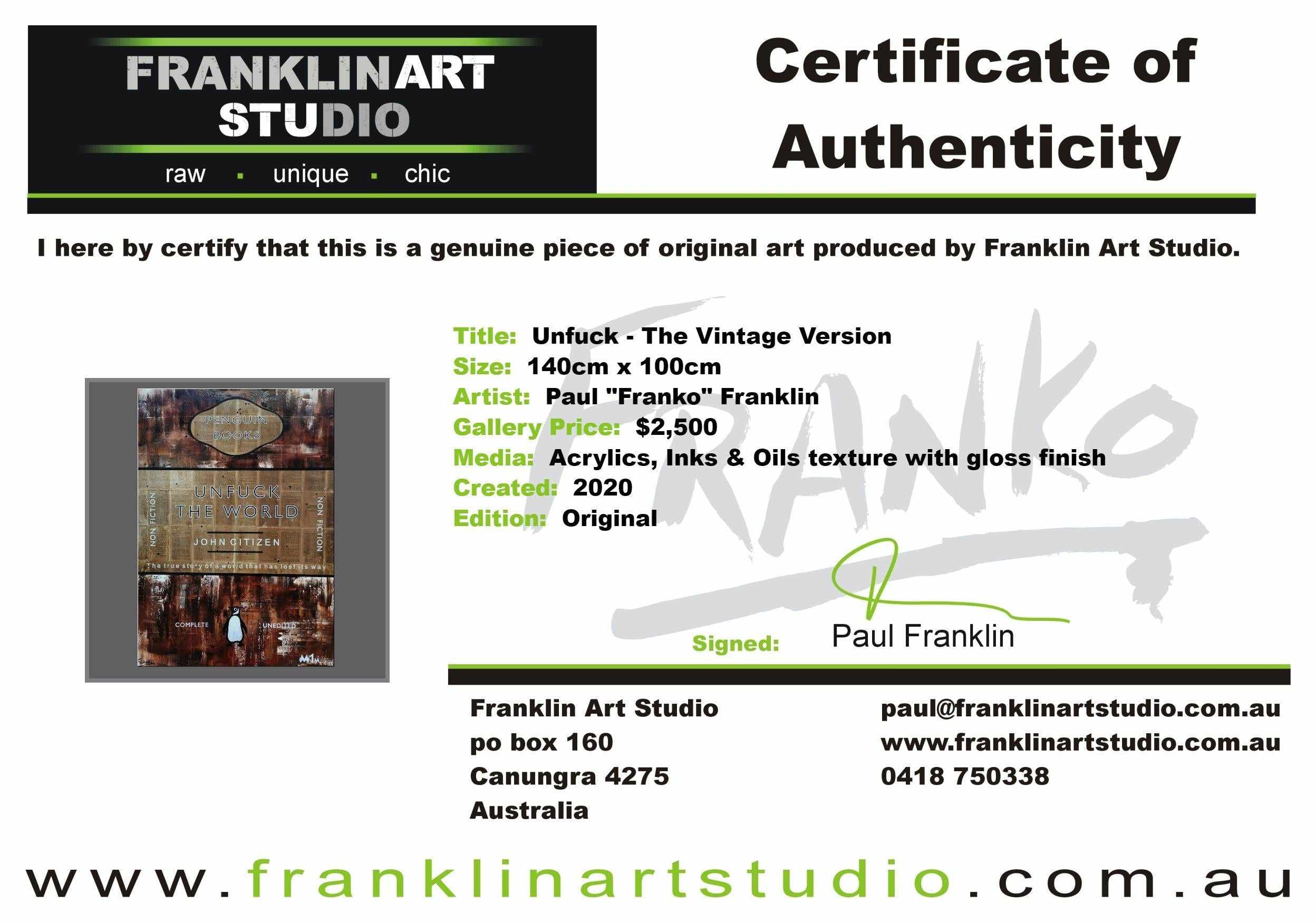 Unfuck - The Vintage Version 140cm x 100cm Unfuck The World Urban Pop Book Club Painting-book club-[Franko Artist]-[The Block]-[Dream Homes]-[ideas]-Franklin Art Studio