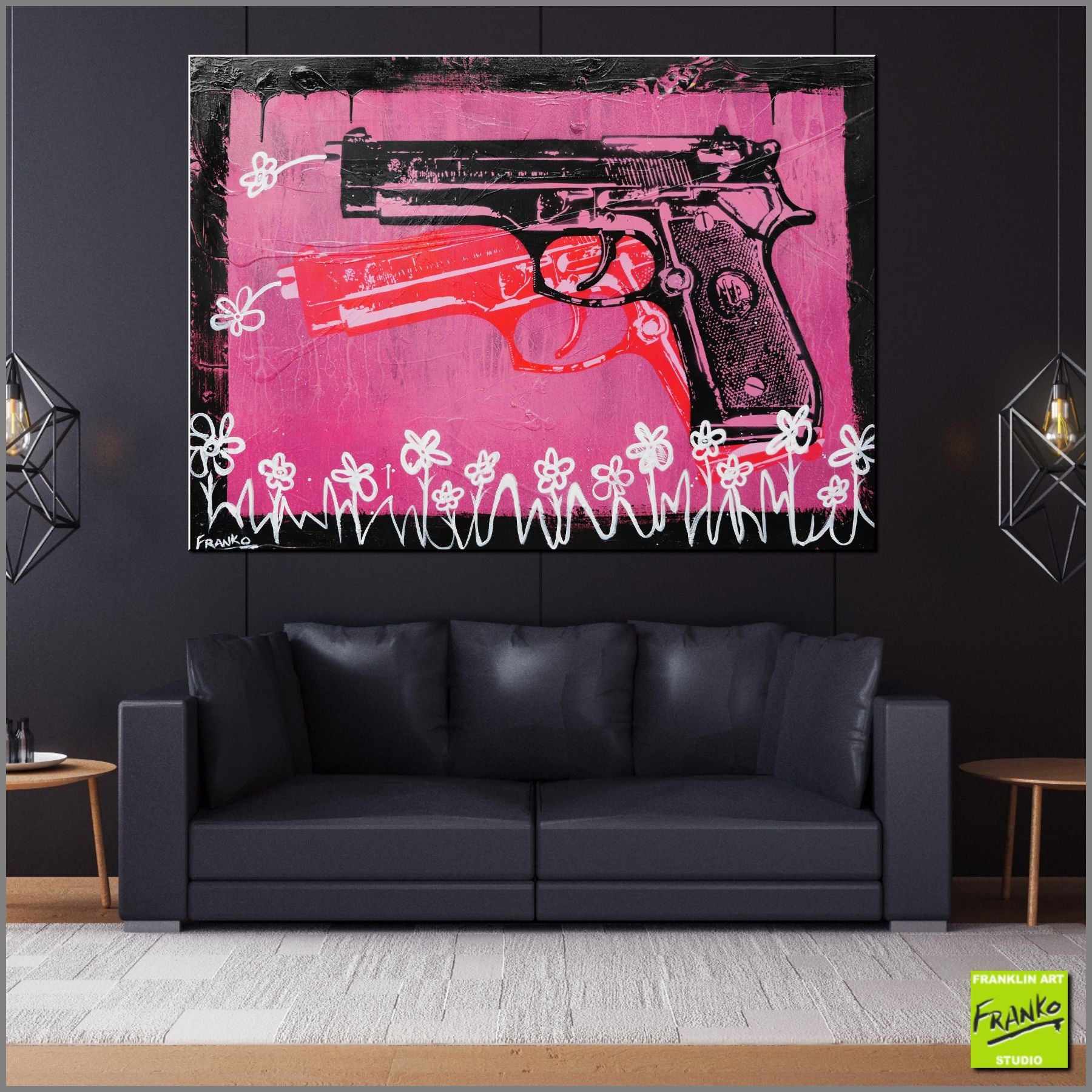 Vandalized 140cm x 100cm Andy Warhol Pink Guns Textured Urban Pop Art Painting (SOLD)-urban pop-Franko-[Franko]-[huge_art]-[Australia]-Franklin Art Studio