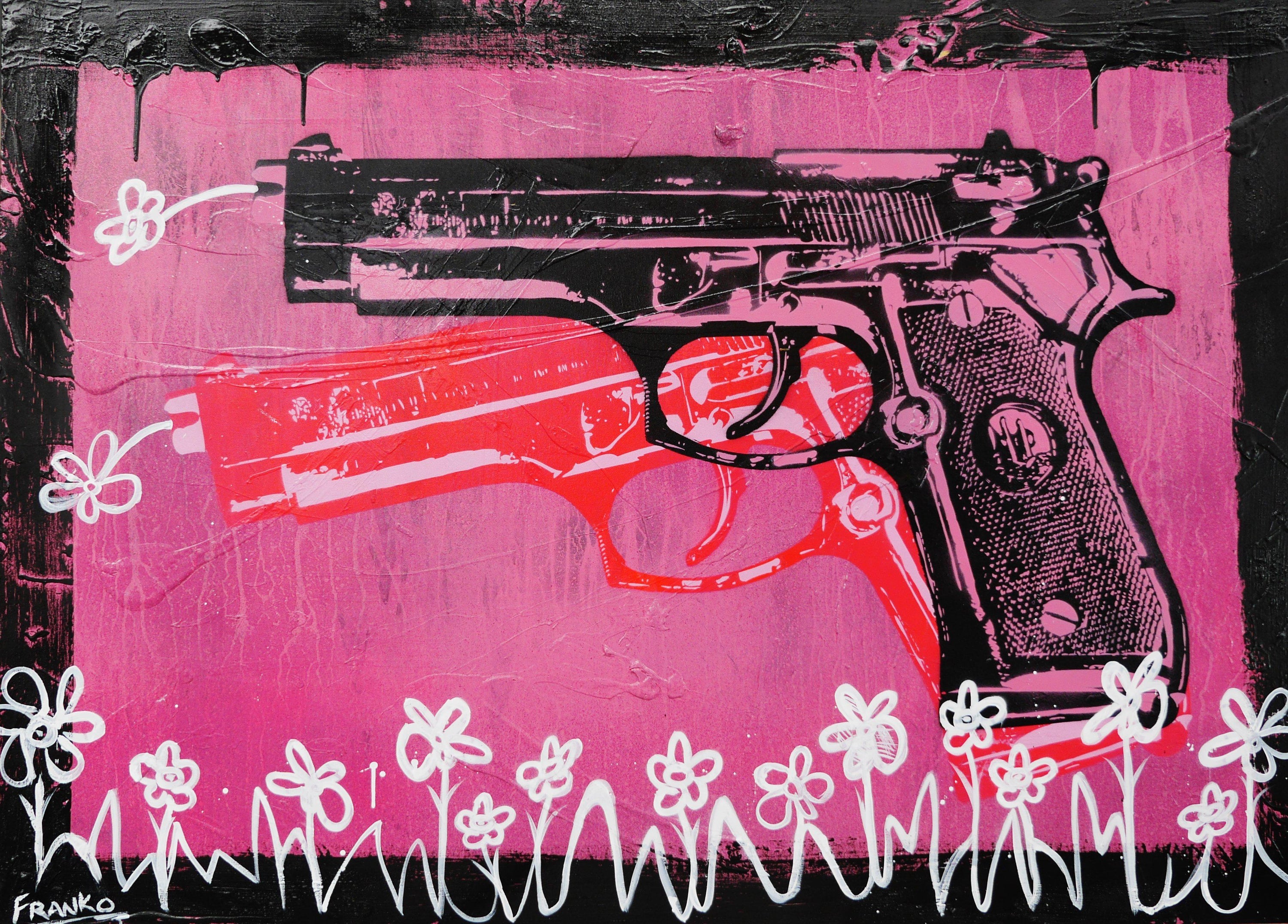 Vandalized 140cm x 100cm Andy Warhol Pink Guns Textured Urban Pop Art Painting (SOLD)-urban pop-Franko-[Franko]-[Australia_Art]-[Art_Lovers_Australia]-Franklin Art Studio