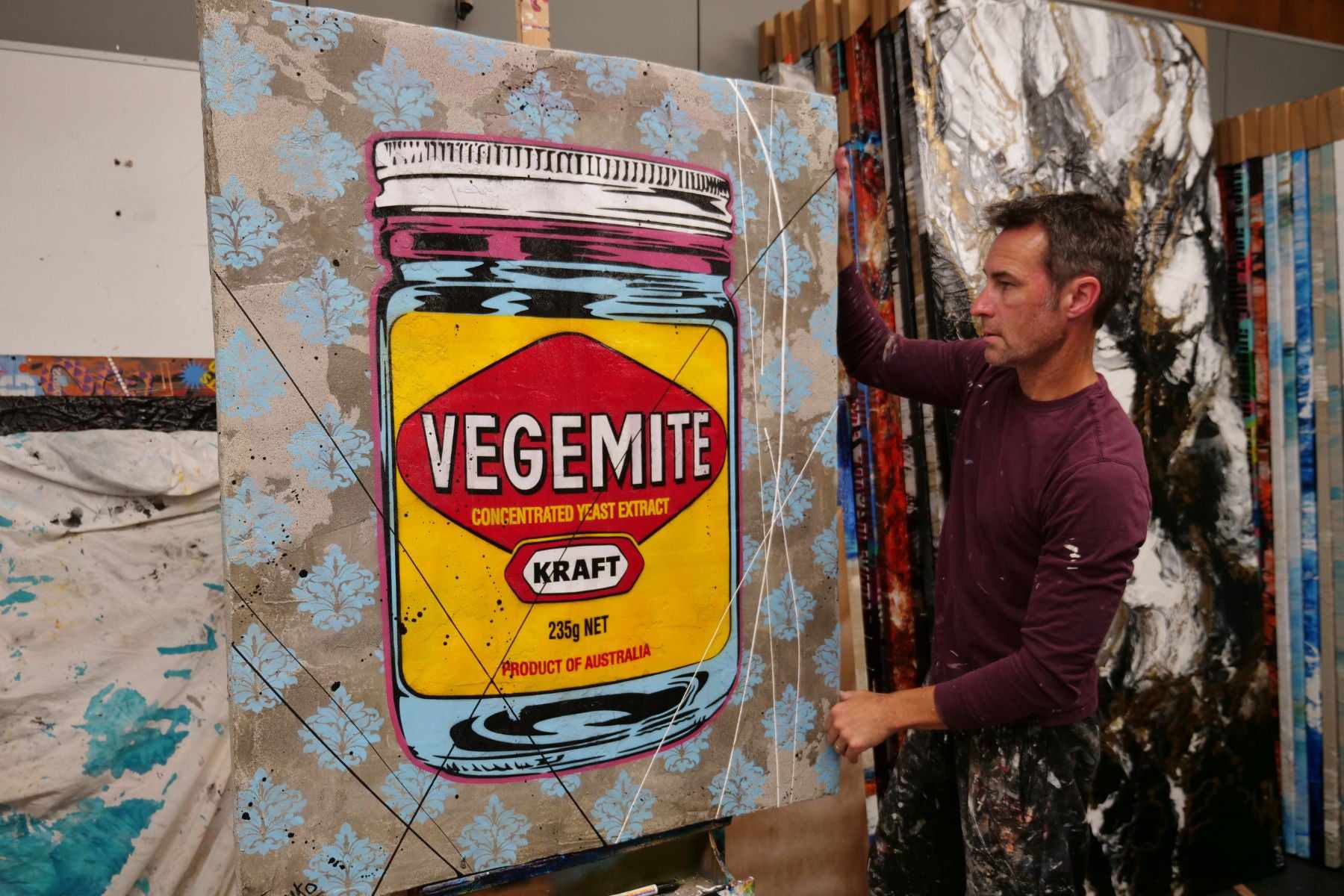 Vegemite Might 120cm x 100cm Vegemite Textured Urban Pop Art Painting (SOLD)-concrete-[Franko Artist]-[Gold Coast]-[Brisbane]-[Huge]-Franklin Art Studio