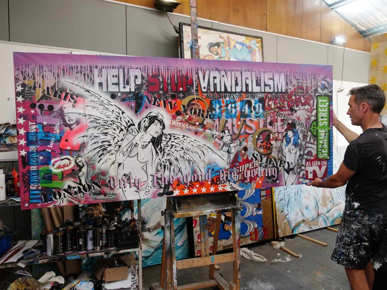 Vintage Angelic 240cm x 100cm Angel Textured Urban Pop Art Painting-Urban Pop Art-Franko-[franko_art]-[beautiful_Art]-[The_Block]-Franklin Art Studio