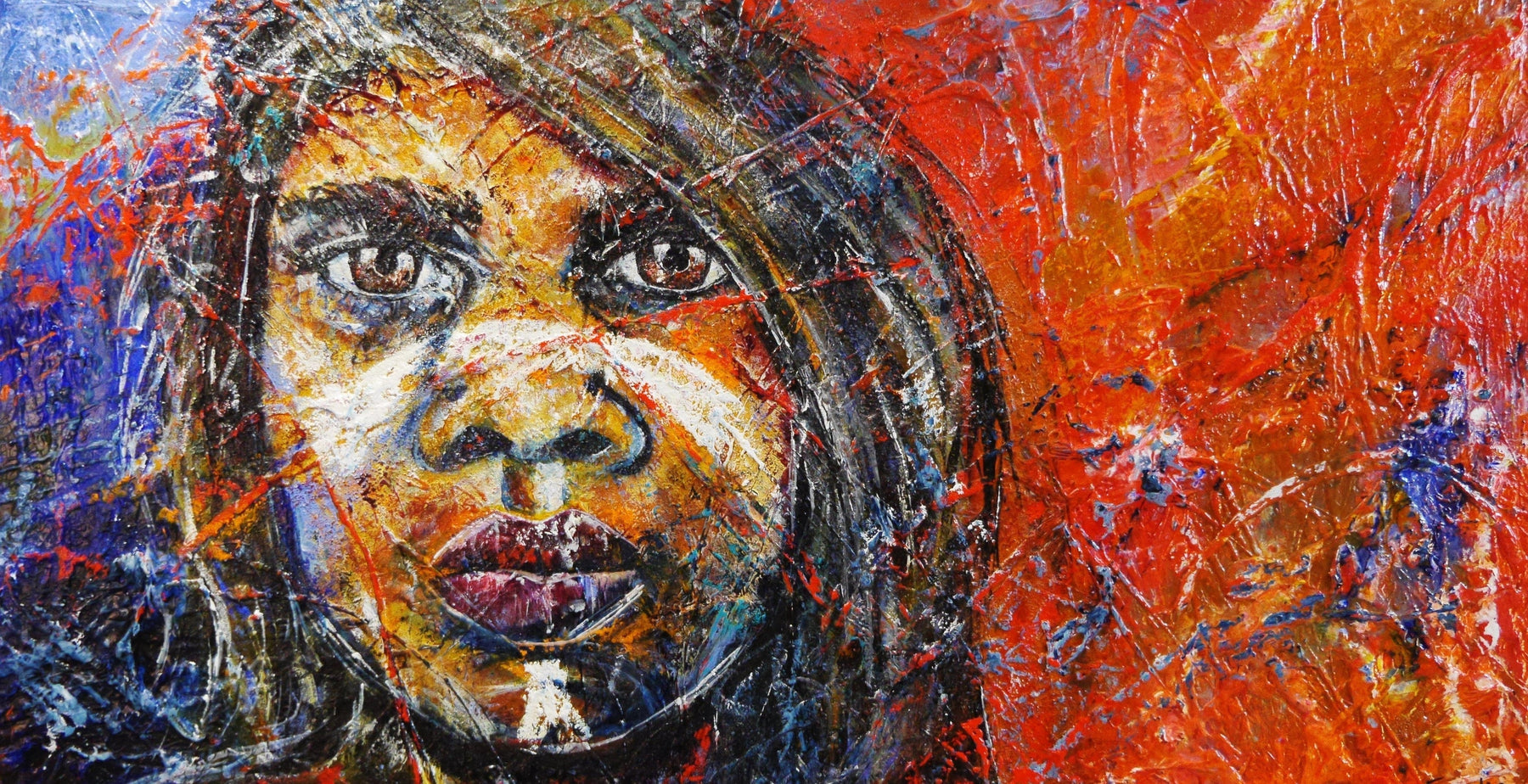 Warrior Stripe 190cm x 100cm Aboriginal Warrior Painting (SOLD)-abstract realism-[Franko_Artist]-[Australian_artist]-[Gold_Coast]-[Brisbane]-[modern]-[contemporary]-[original]-[Large_artwork]-Franklin Art Studio