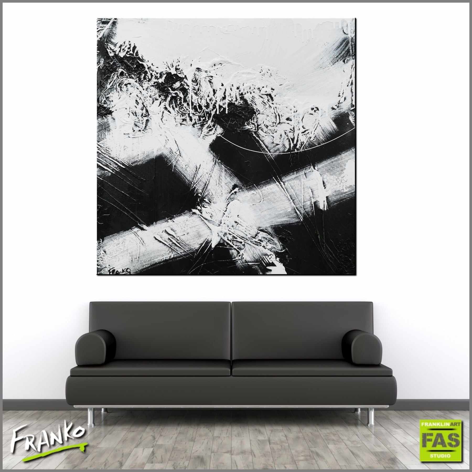 White Jazz 100cm x 100cm Black White Abstract Painting (SOLD)-Abstract-Franko-[Franko]-[huge_art]-[Australia]-Franklin Art Studio