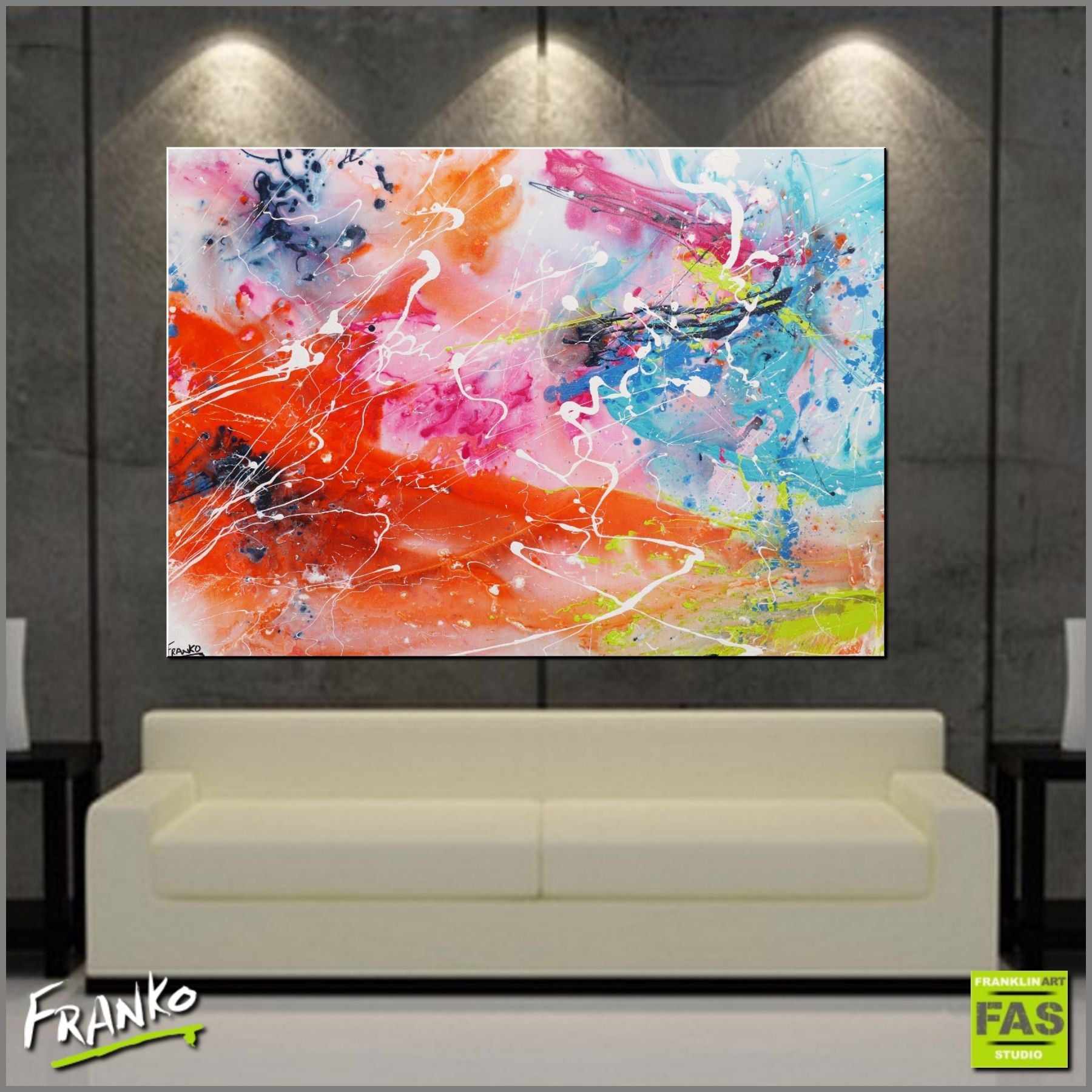 White Veins 140cm x 100cm Orange Pink Blue Abstract Painting (SOLD)-abstract-Franko-[huge]-[Australian]-[best Selling]-Franklin Art Studio