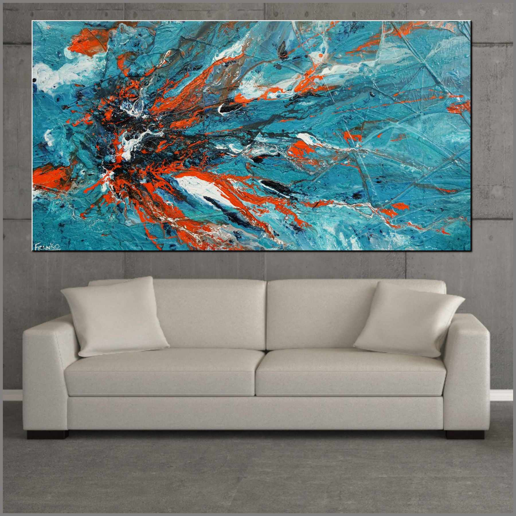 Wild Aquatica 190cm x 100cm Turquoise Orange Textured Abstract Painting (SOLD)-Abstract-Franko-[Franko]-[huge_art]-[Australia]-Franklin Art Studio