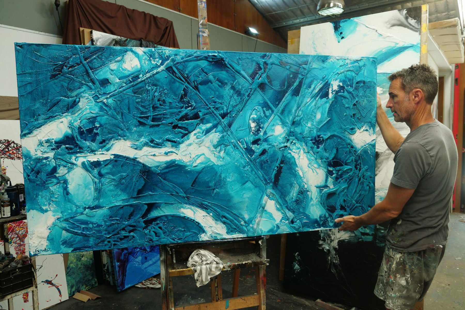 Wild Southern and Ice 190cm x 100cm Teal White Ink Textured Abstract Painting (SOLD)-Abstract-[Franko Artist]-[Cheryl]-[Wendy]-[Gabriela]-Franklin Art Studio