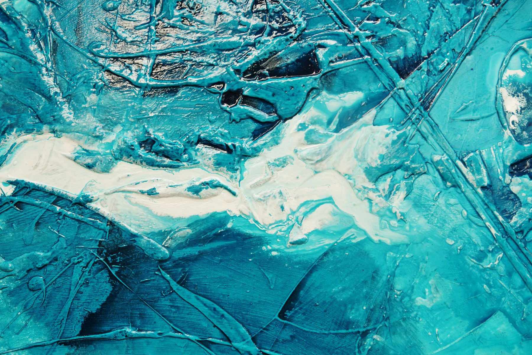 Wild Southern and Ice 190cm x 100cm Teal White Ink Textured Abstract Painting (SOLD)
