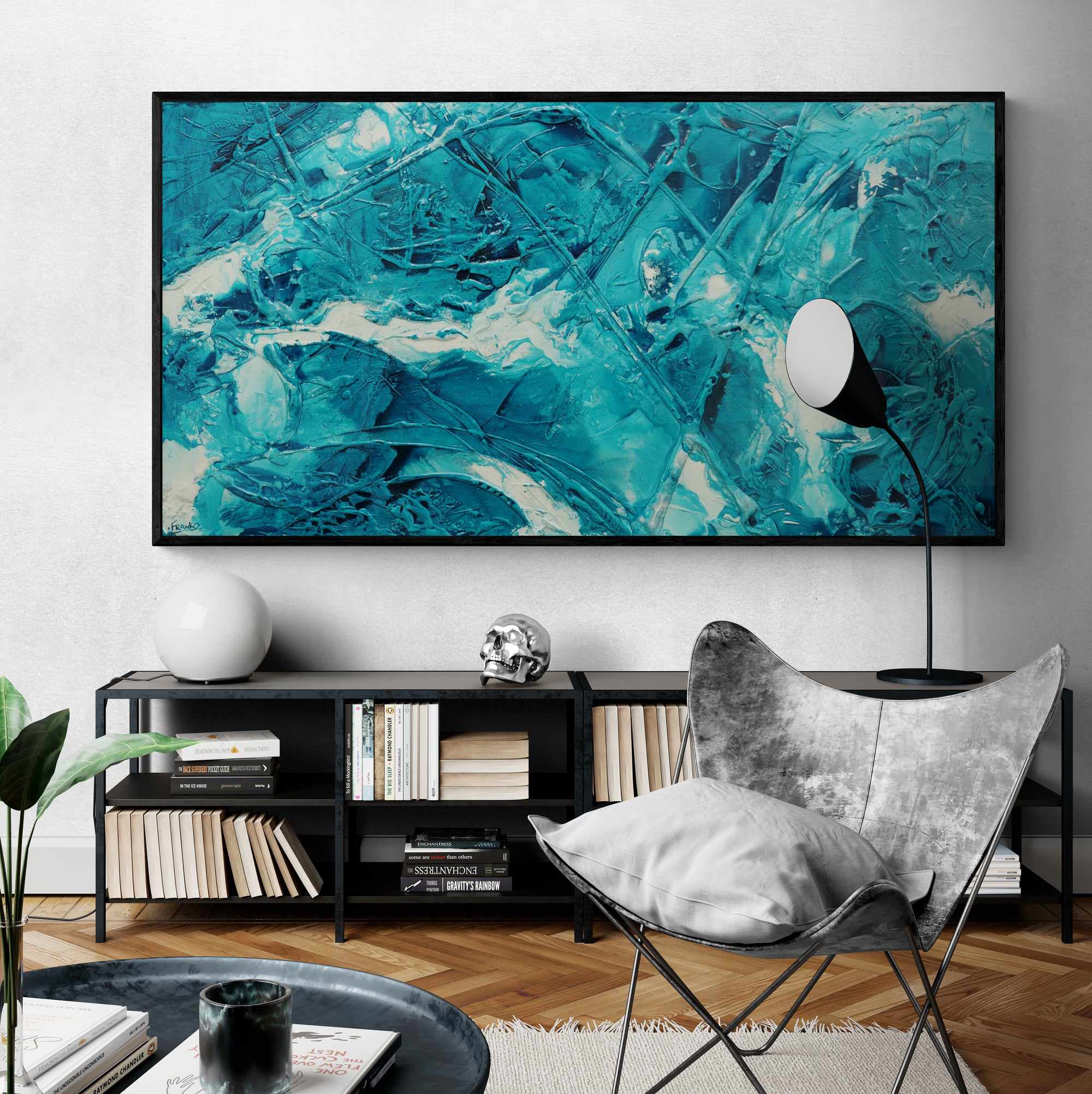 Wild Southern and Ice 190cm x 100cm Teal White Ink Textured Abstract Painting-Abstract-[Franko]-[Artist]-[Australia]-[Painting]-Franklin Art Studio