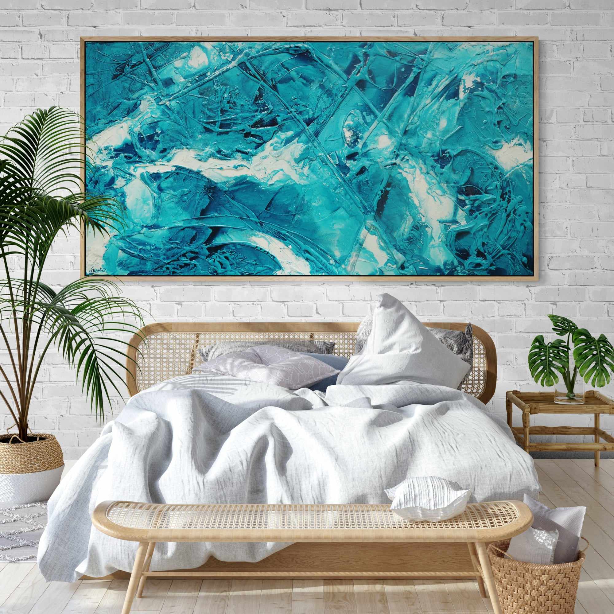 Wild Southern and Ice 190cm x 100cm Teal White Ink Textured Abstract Painting (SOLD)-Abstract-Franko-[huge]-[Australian]-[best Selling]-Franklin Art Studio