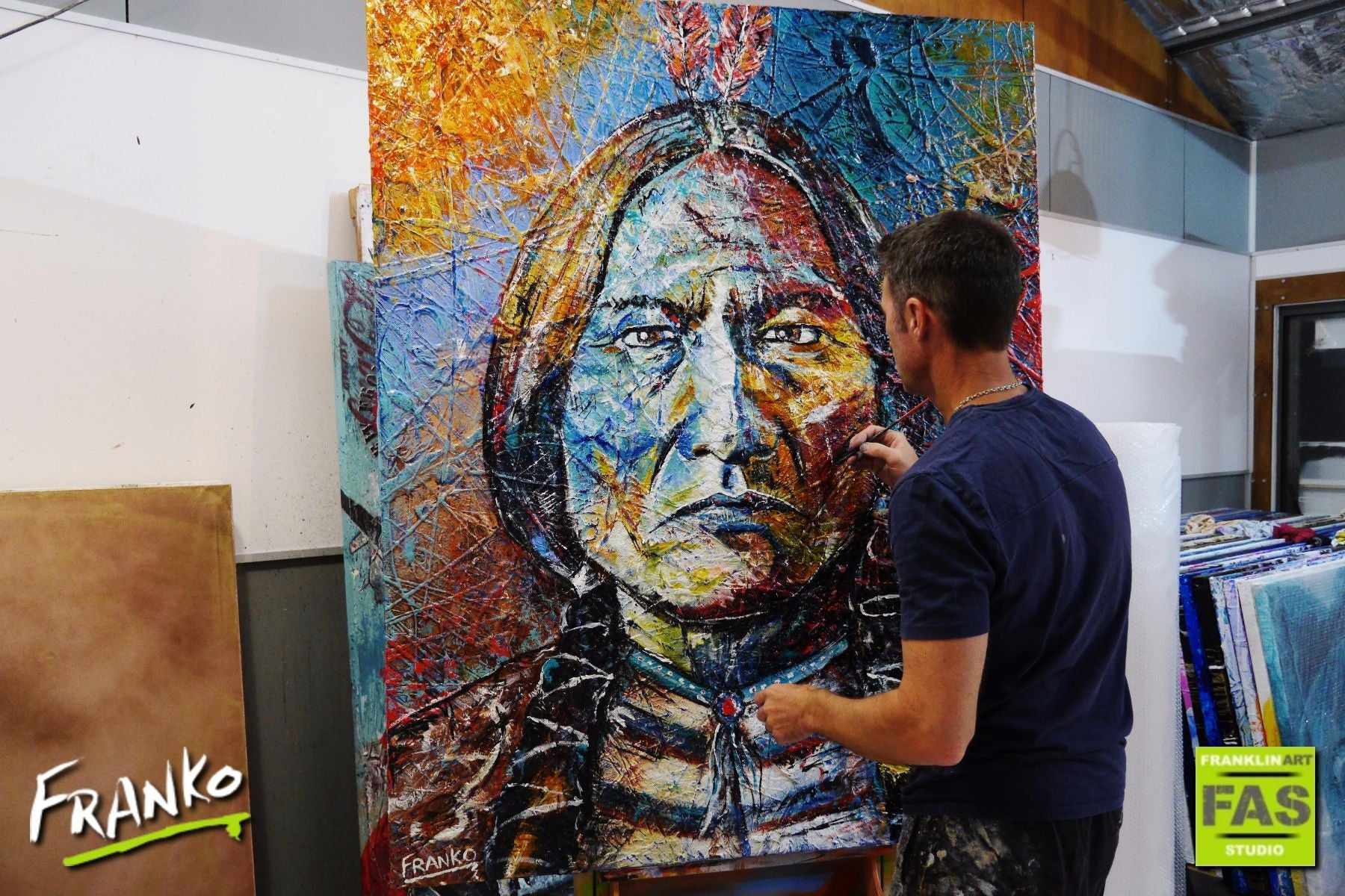 Wisdom Of Sitting Bull 120cm x 150cm Indian Chief Painting (SOLD)-abstract realism-[Franko Artist]-[Cheryl]-[Wendy]-[Gabriela]-Franklin Art Studio