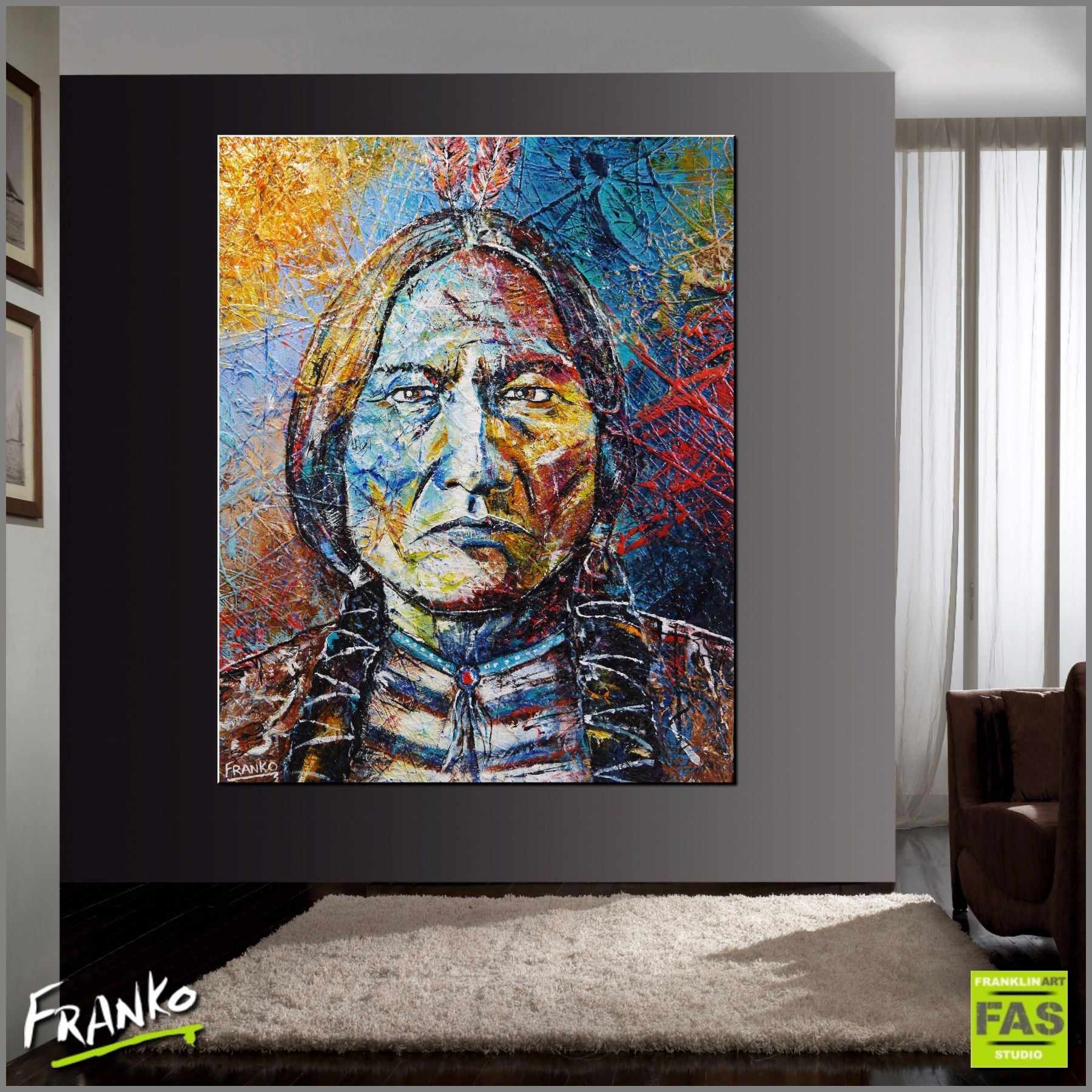 Wisdom Of Sitting Bull 120cm x 150cm Indian Chief Painting (SOLD)-abstract realism-Franko-[huge]-[Australian]-[best Selling]-Franklin Art Studio