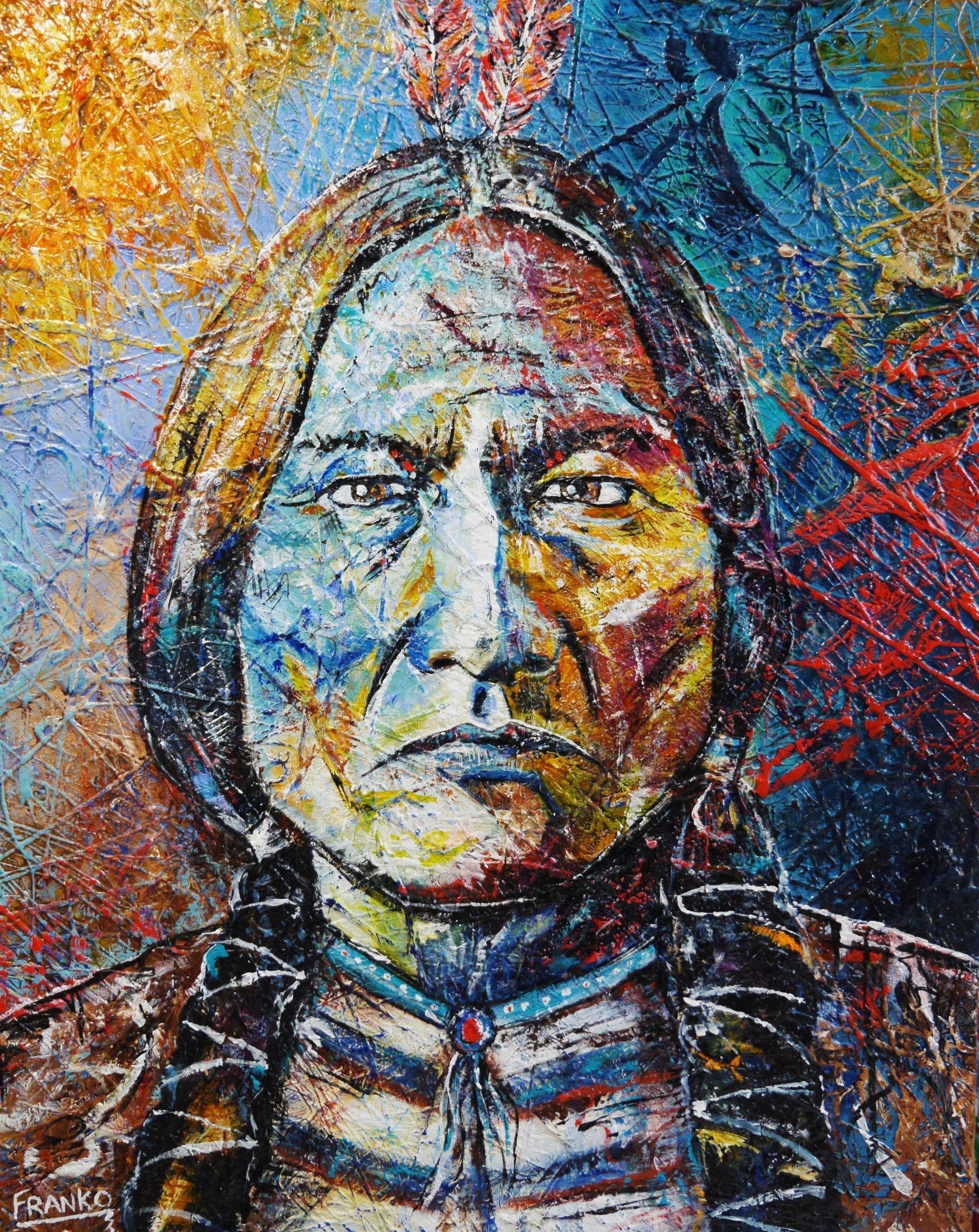 Wisdom Of Sitting Bull 120cm x 150cm Indian Chief Painting (SOLD)-abstract realism-Franko-[Franko]-[Australia_Art]-[Art_Lovers_Australia]-Franklin Art Studio