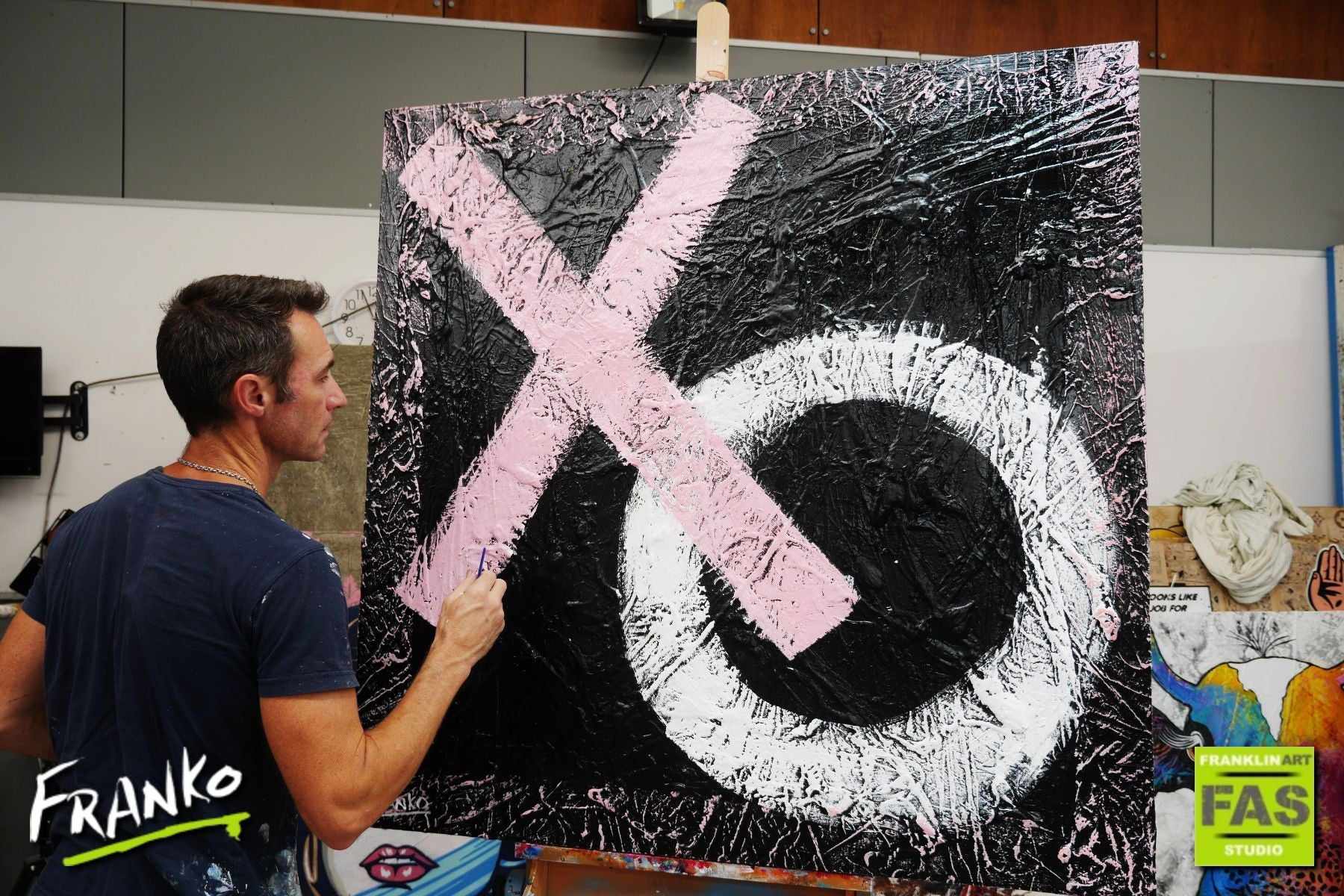 X O 120cm x 120cm Black White Pink Abstract Painting (SOLD)-Abstract-Franko-[franko_artist]-[Art]-[interior_design]-Franklin Art Studio