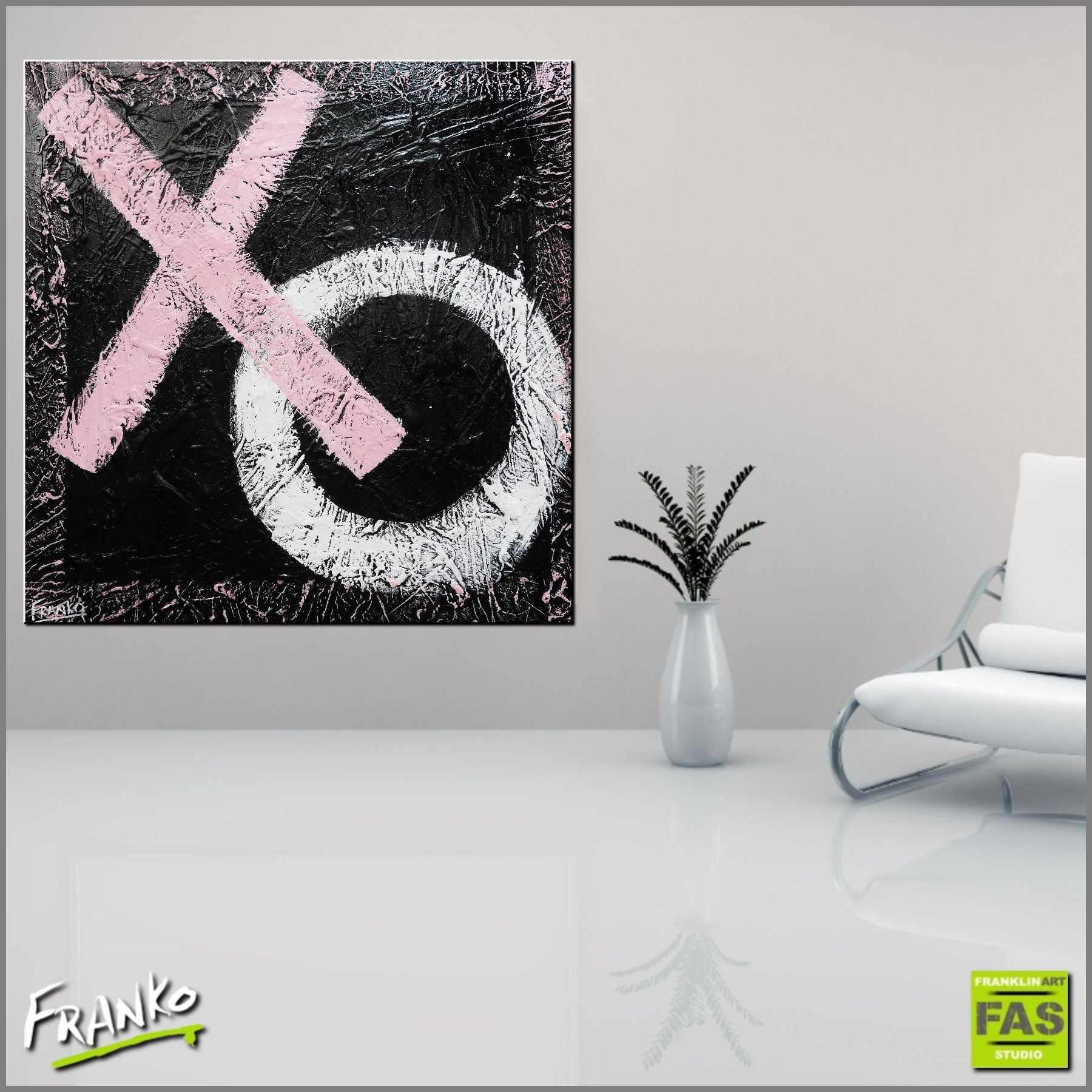 X O 120cm x 120cm Black White Pink Abstract Painting (SOLD)-Abstract-Franko-[Franko]-[huge_art]-[Australia]-Franklin Art Studio