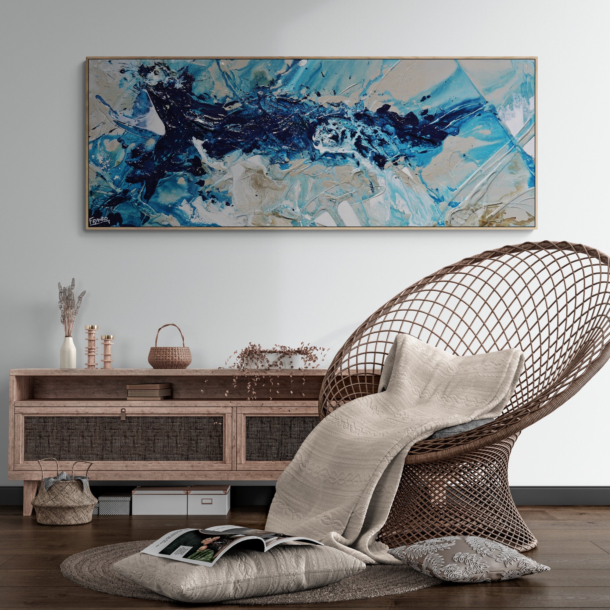 Malted 160cm x 60cm Navy Blues Malt White Textured Abstract Painting-Abstract-[Franko Artist]-[The Block]-[Dream Homes]-[ideas]-Franklin Art Studio