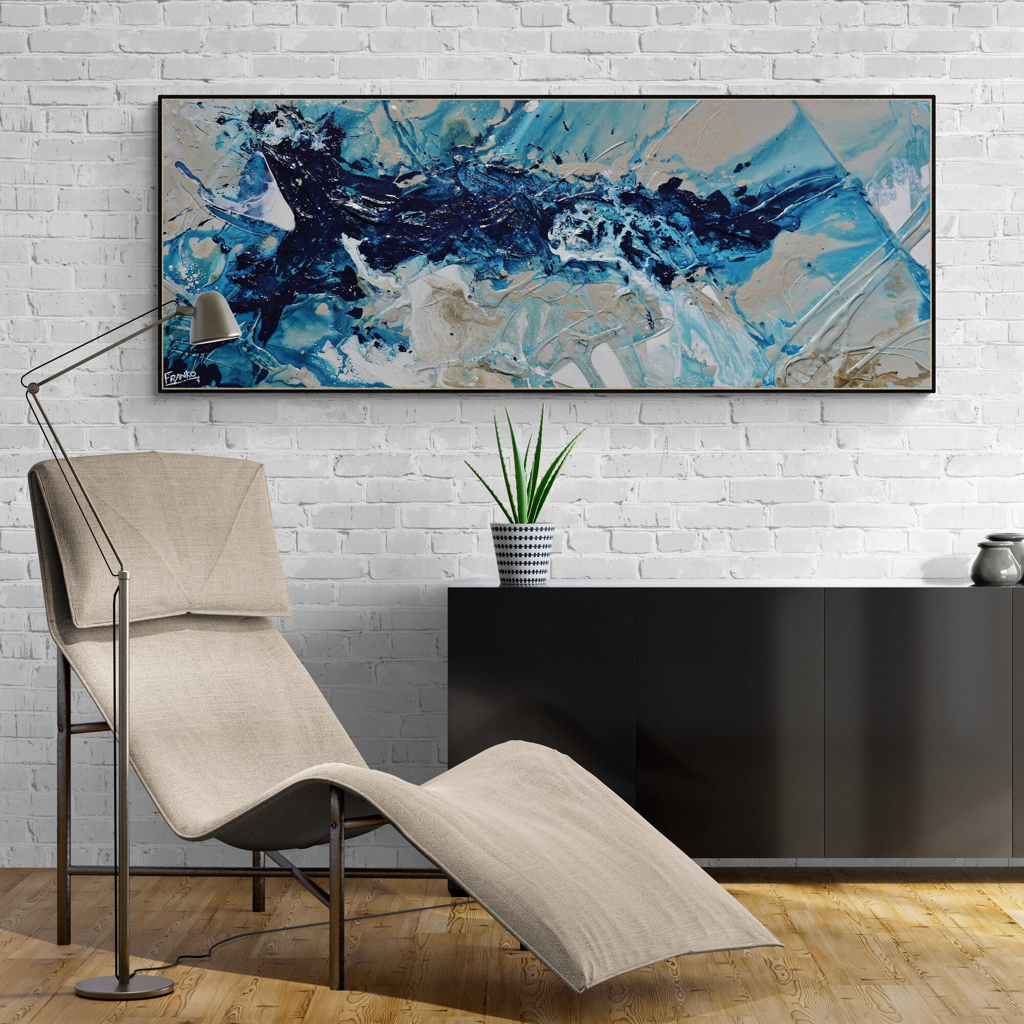 Malted 160cm x 60cm Navy Blues Malt White Textured Abstract Painting-Abstract-Franko-[huge]-[Australian]-[best Selling]-Franklin Art Studio