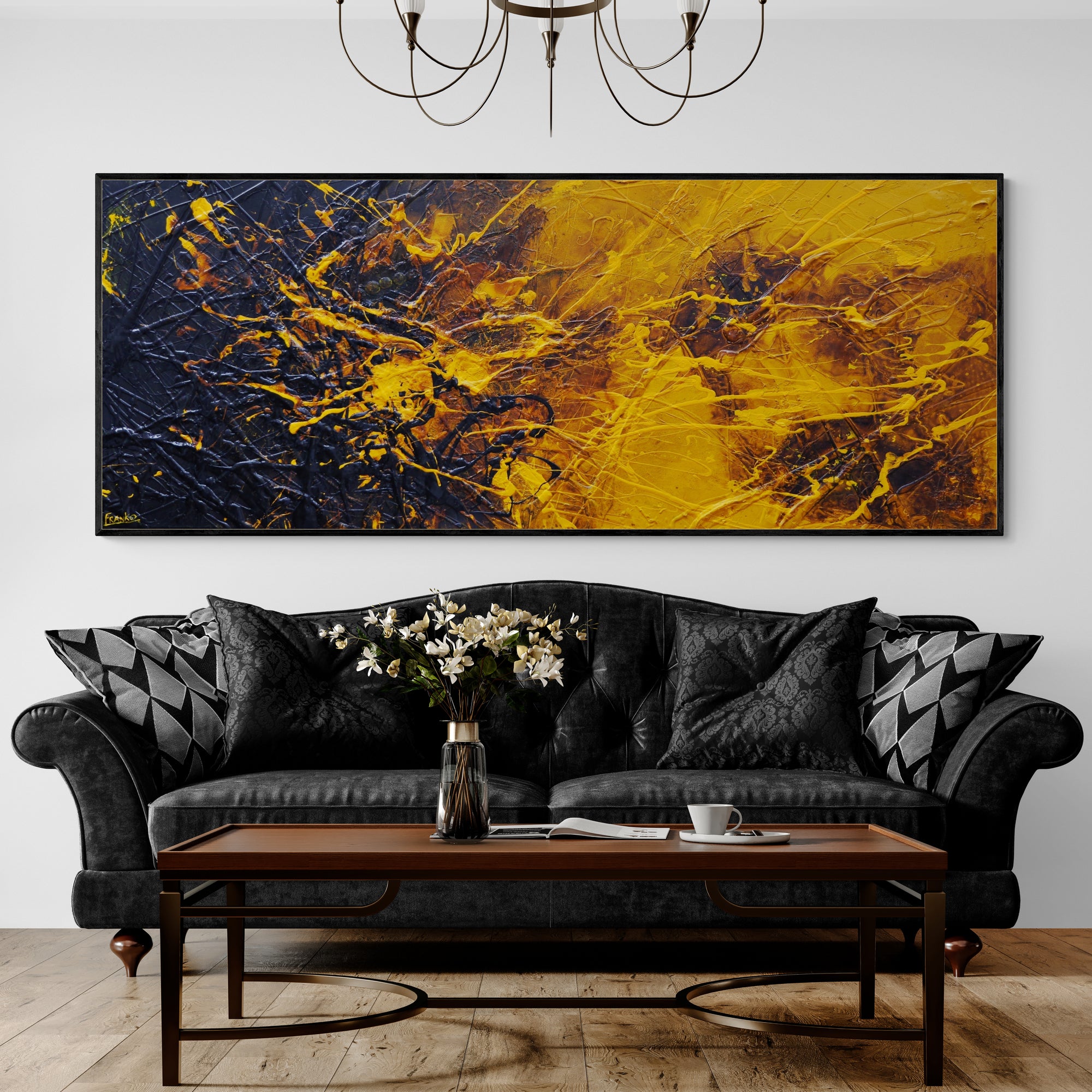 Honey and Sunflower 200cm x 80cm Black Yellow Textured Abstract Painting