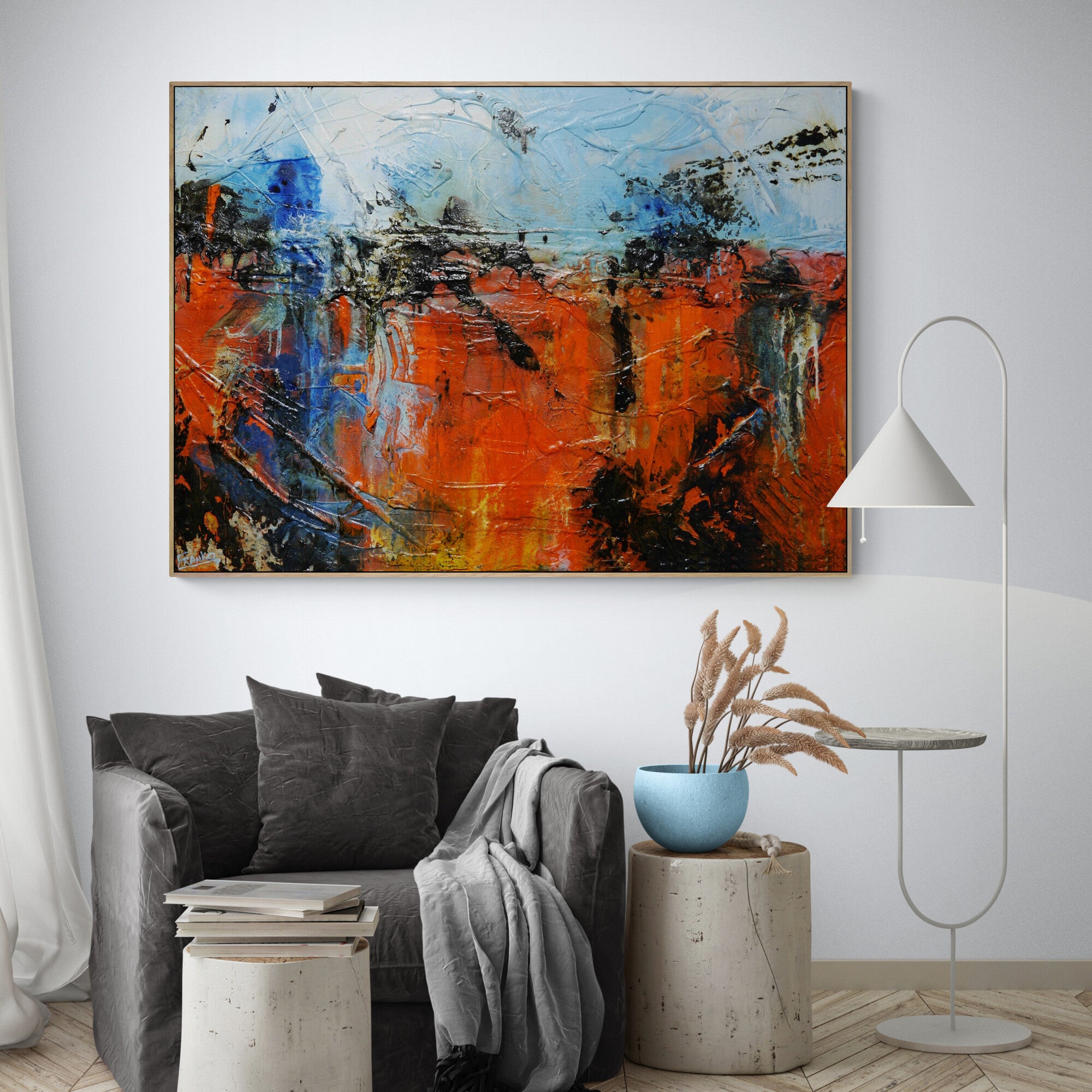 Orange Regatta 140cm x 100cm Orange Blue Textured Abstract Painting (SOLD)-Abstract-[Franko Artist]-[Cheryl]-[Wendy]-[Gabriela]-Franklin Art Studio