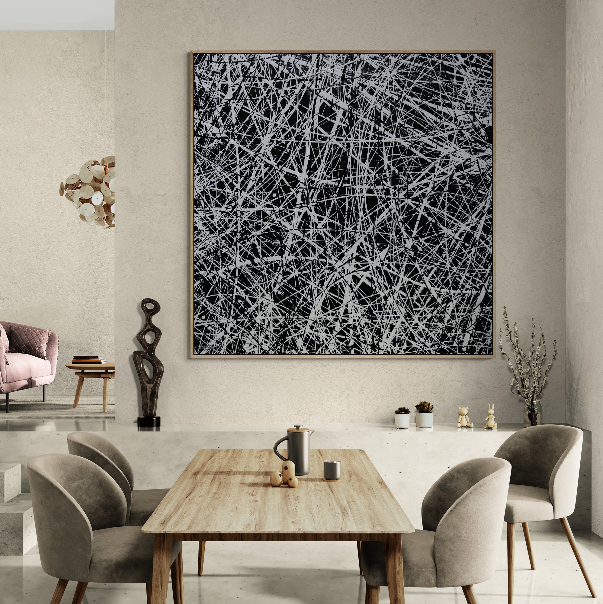Frazzled 150cm x 150cm Black and White Textured Abstract Painting