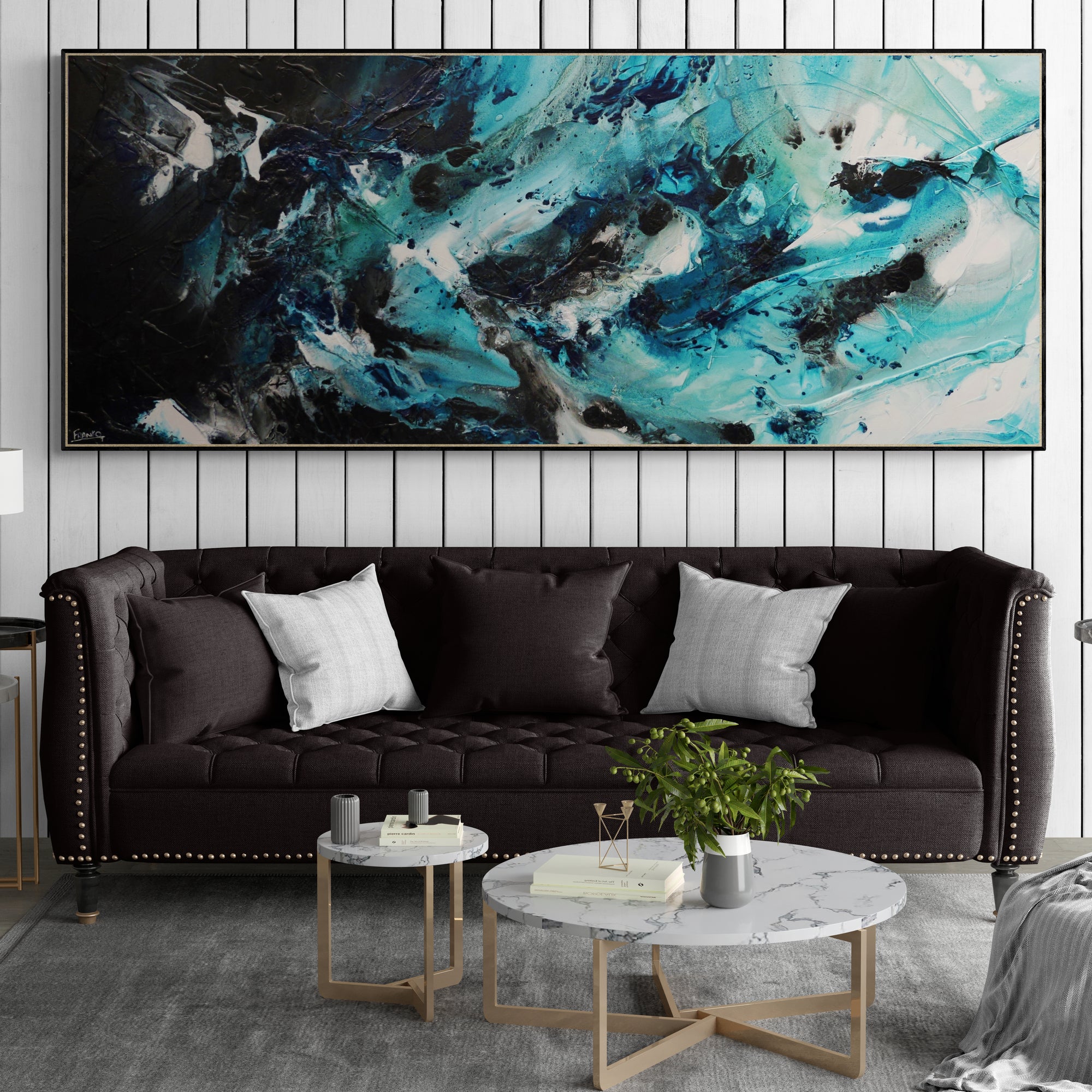 Southern Impact 240cm x 100cm Teal Black Textured Abstract Painting (SOLD)-Abstract-[Franko Artist]-[Cheryl]-[Wendy]-[Gabriela]-Franklin Art Studio