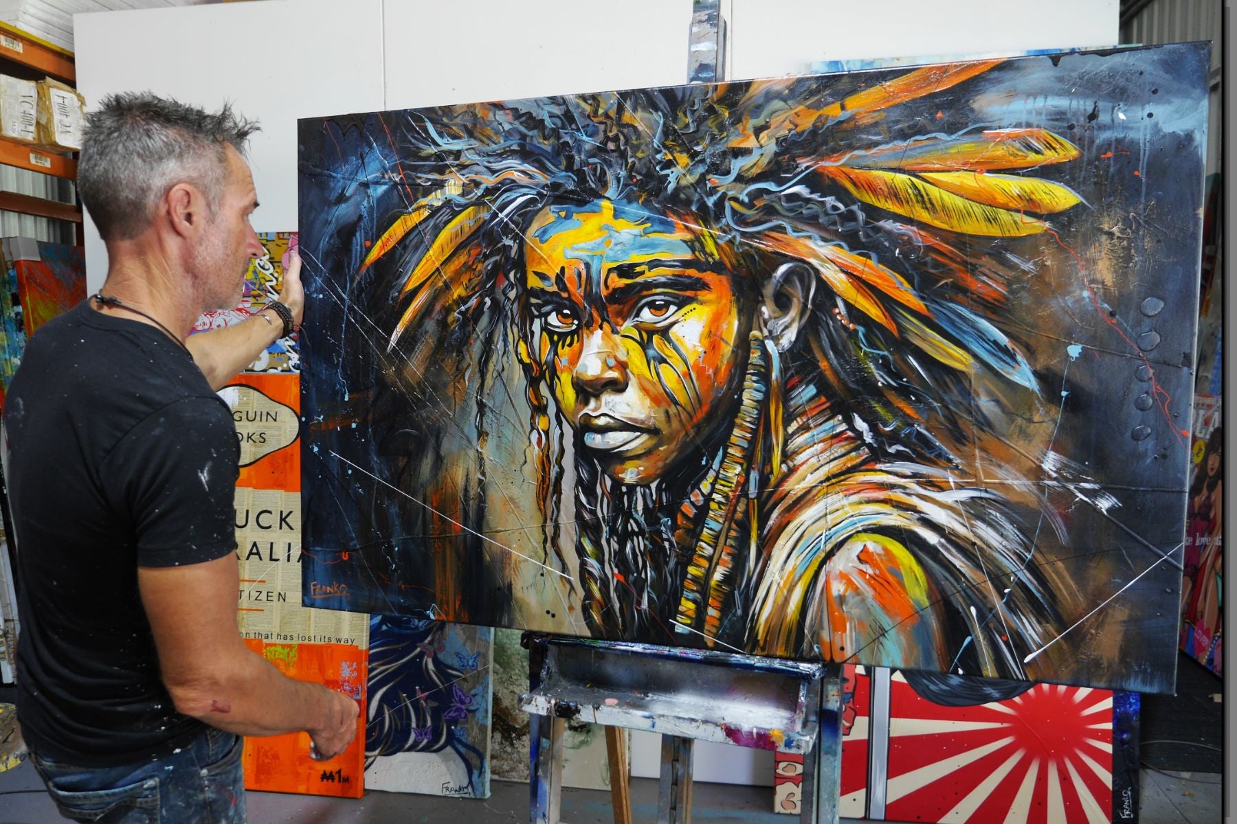 Warrior Blu 160cm x 100cm FRAMED Warrior Boy Abstract Realism Textured Painting