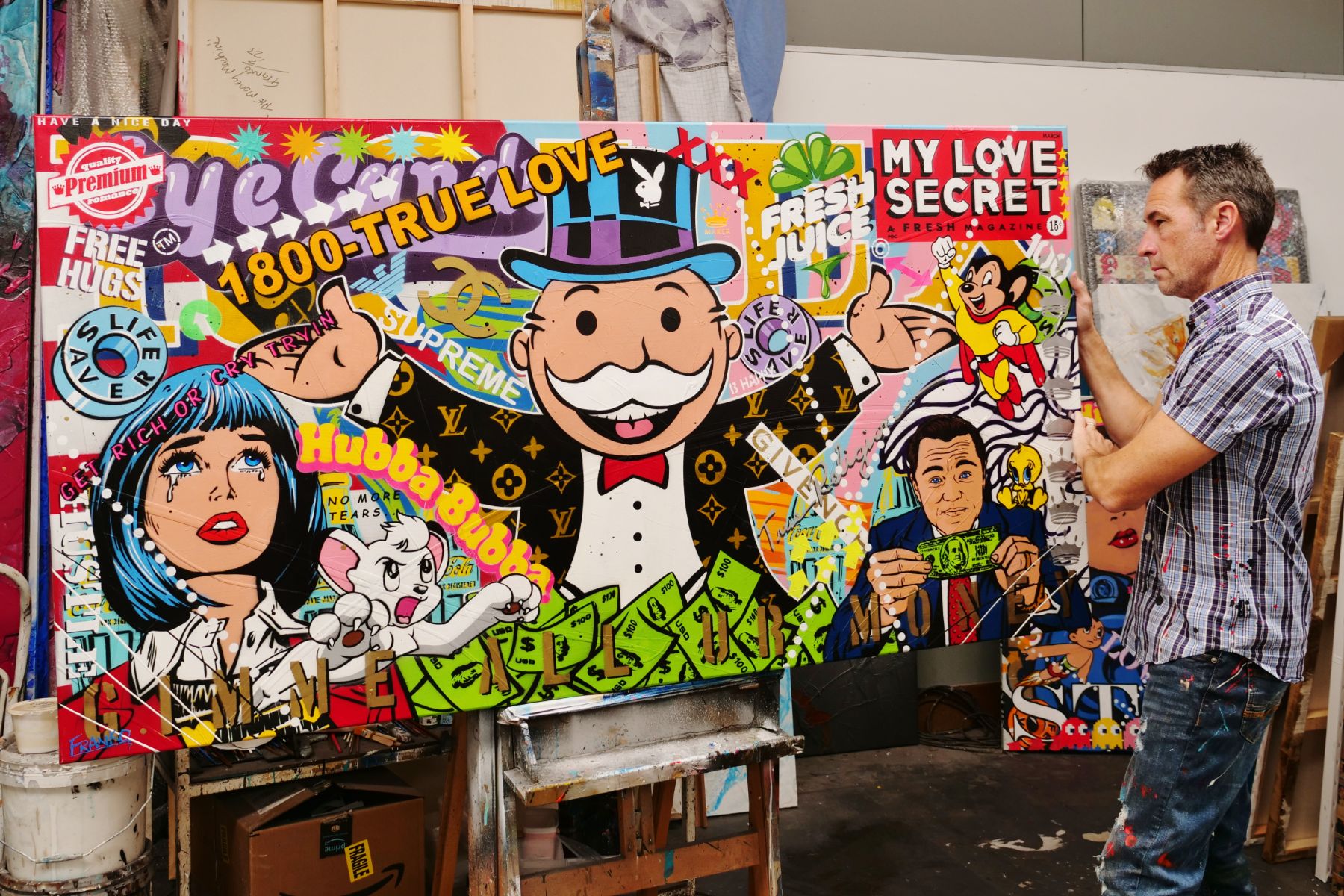 Jackpot Money 190cm x 100cm Monopoly Man Textured Urban Pop Art Painting (SOLD)-Urban Pop Art-[Franko Artist]-[Gold Coast]-[Brisbane]-[Huge]-Franklin Art Studio
