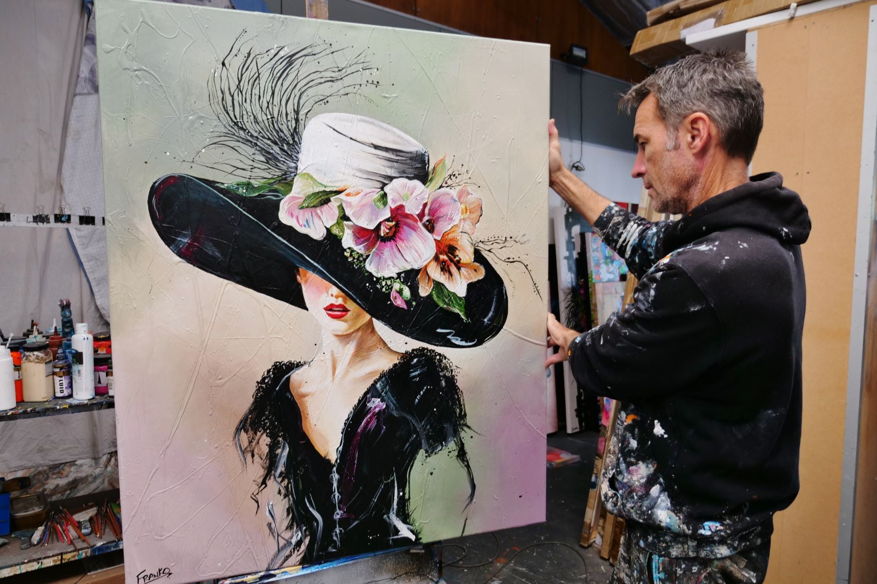 Margot 120cm x 100cm Flower Hat Abstract Elegance Textured Painting (SOLD)-people-[Franko Artist]-[Gold Coast]-[Brisbane]-[Huge]-Franklin Art Studio