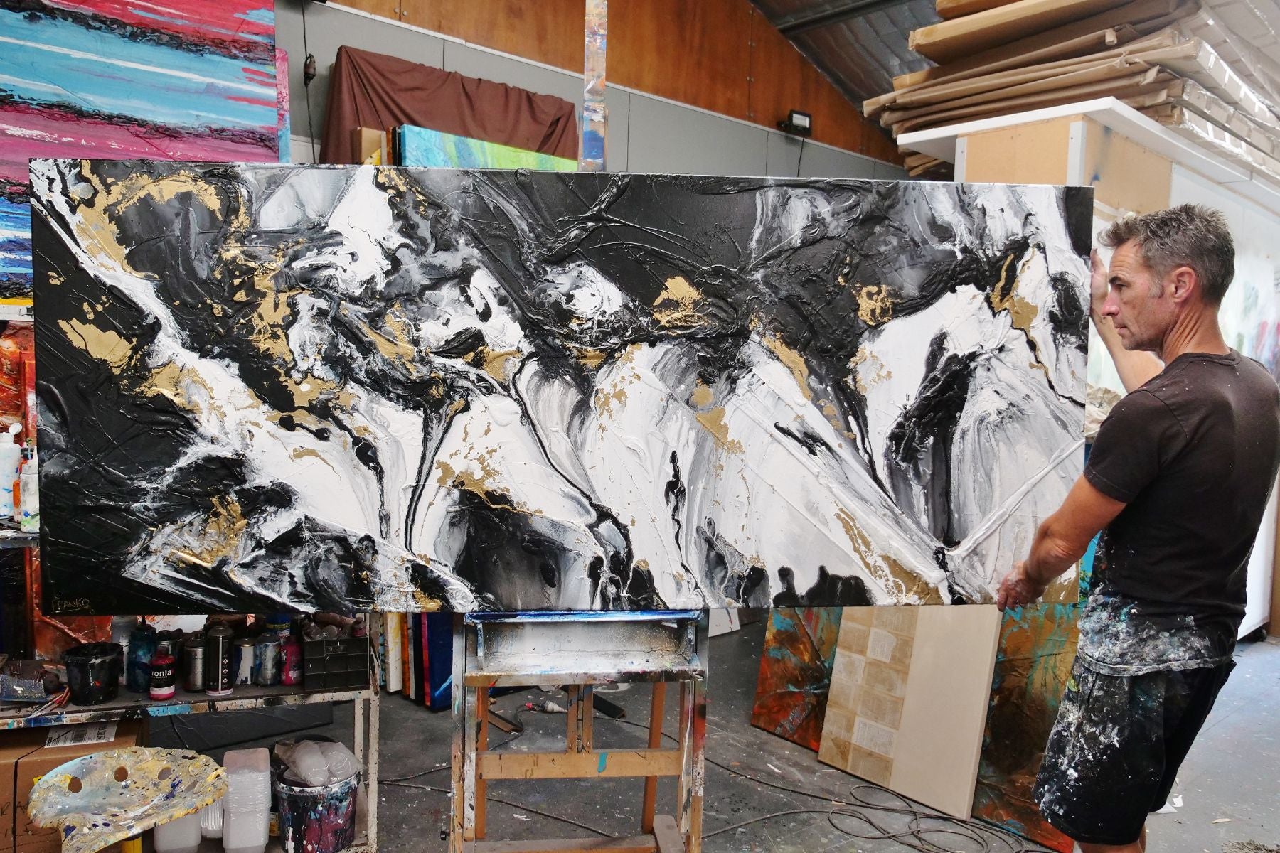 Gold Riches 240cm x 100cm Black Metallic Gold White Textured Abstract Painting