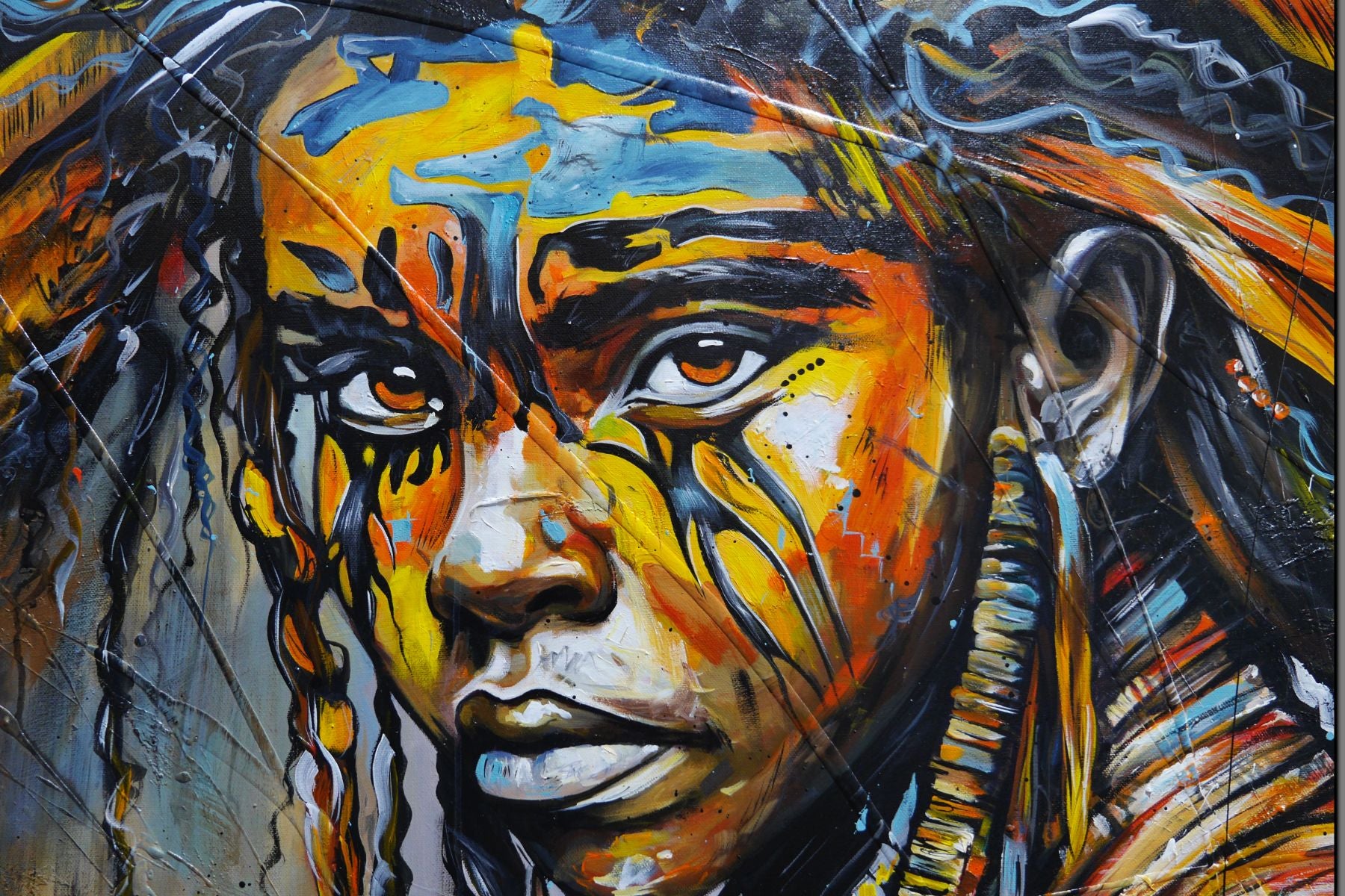 Warrior Blu 160cm x 100cm FRAMED Warrior Boy Abstract Realism Textured Painting