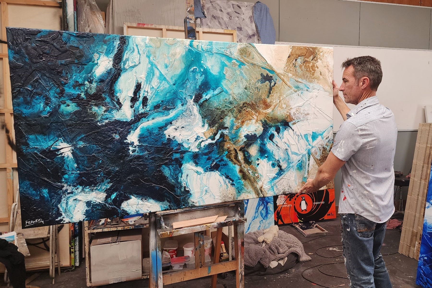 Southern Honey 190cm x 100cm Black Teal White Textured Abstract Painting (SOLD)-Abstract-[Franko Artist]-[Gold Coast]-[Brisbane]-[Huge]-Franklin Art Studio